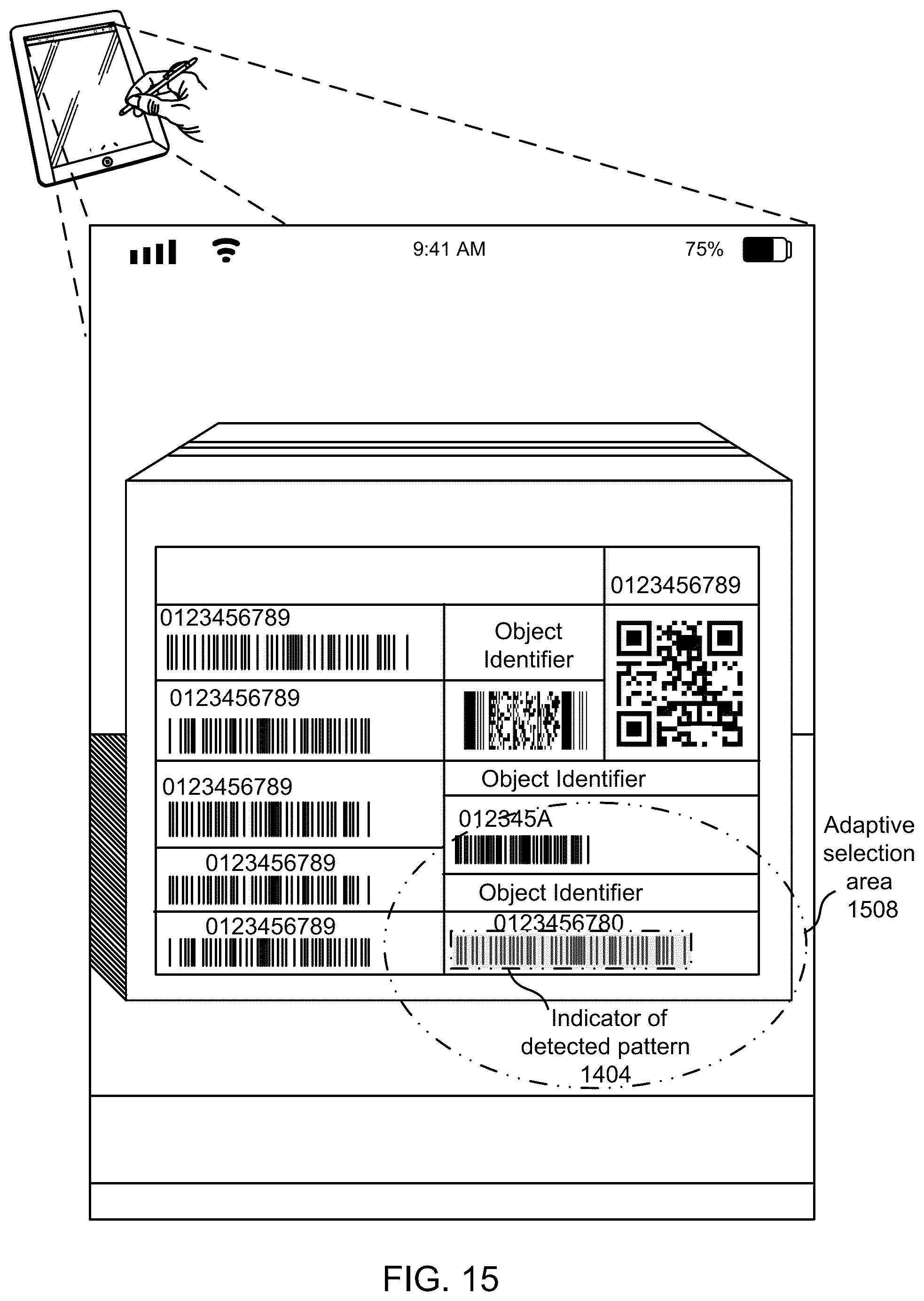 Patent US12307737 Figure 15 – Adaptive selection area for image-based decoding of optical patterns
