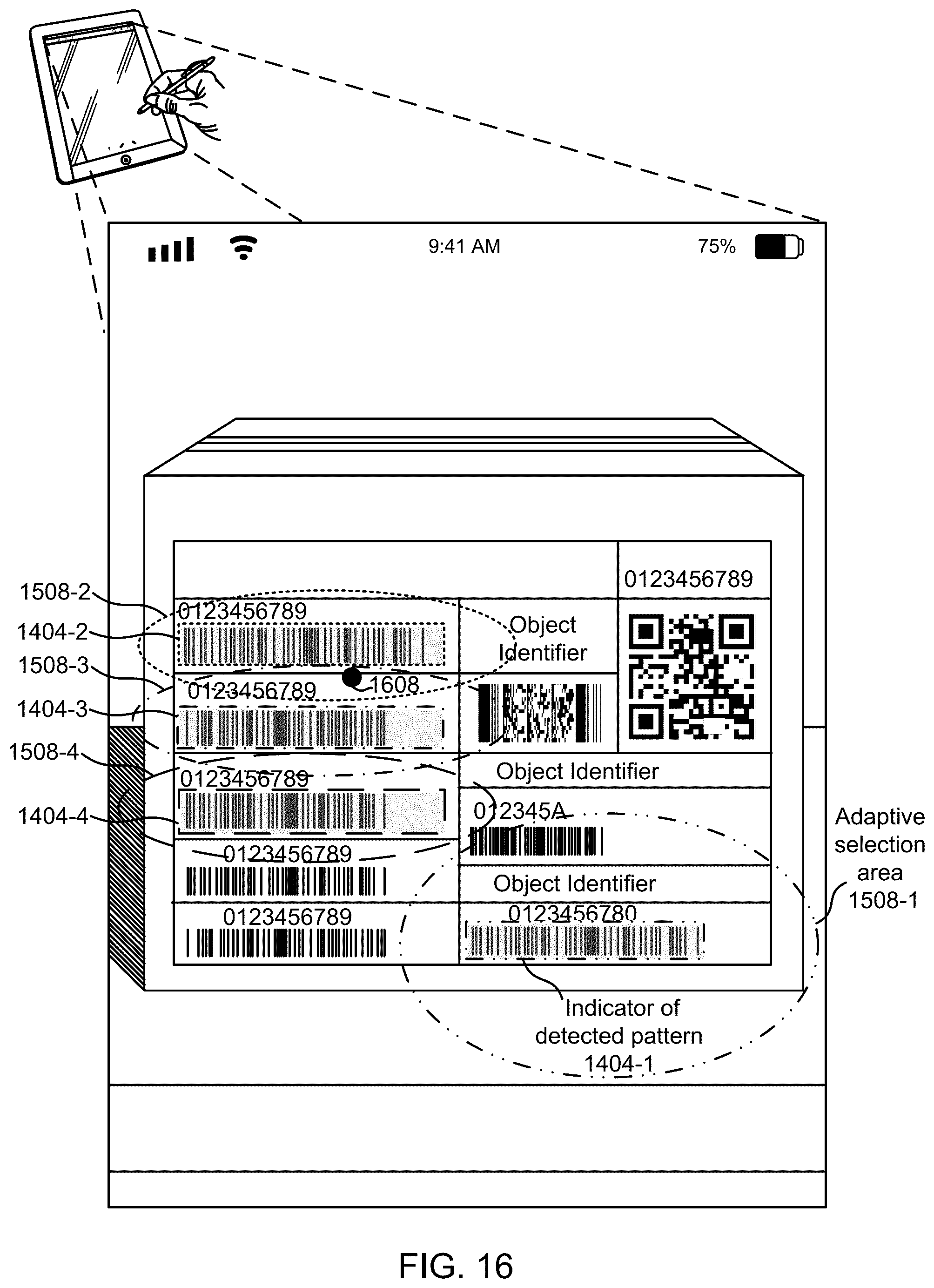 Patent US12307737 Figure 16 – Adaptive selection area for image-based decoding of optical patterns