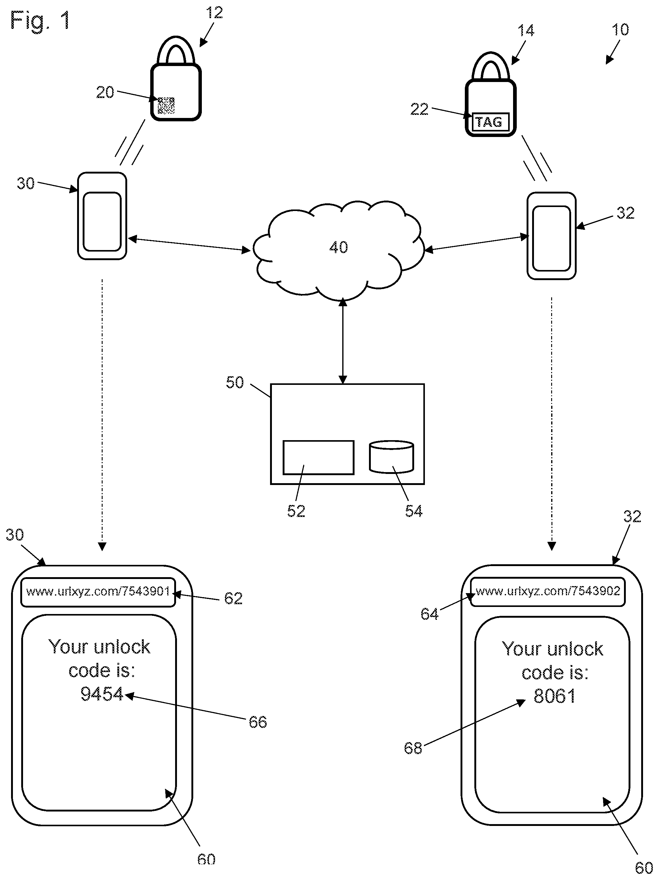 Patent US12307840 Figure 1 – System and method for revealing unlock codes for locks