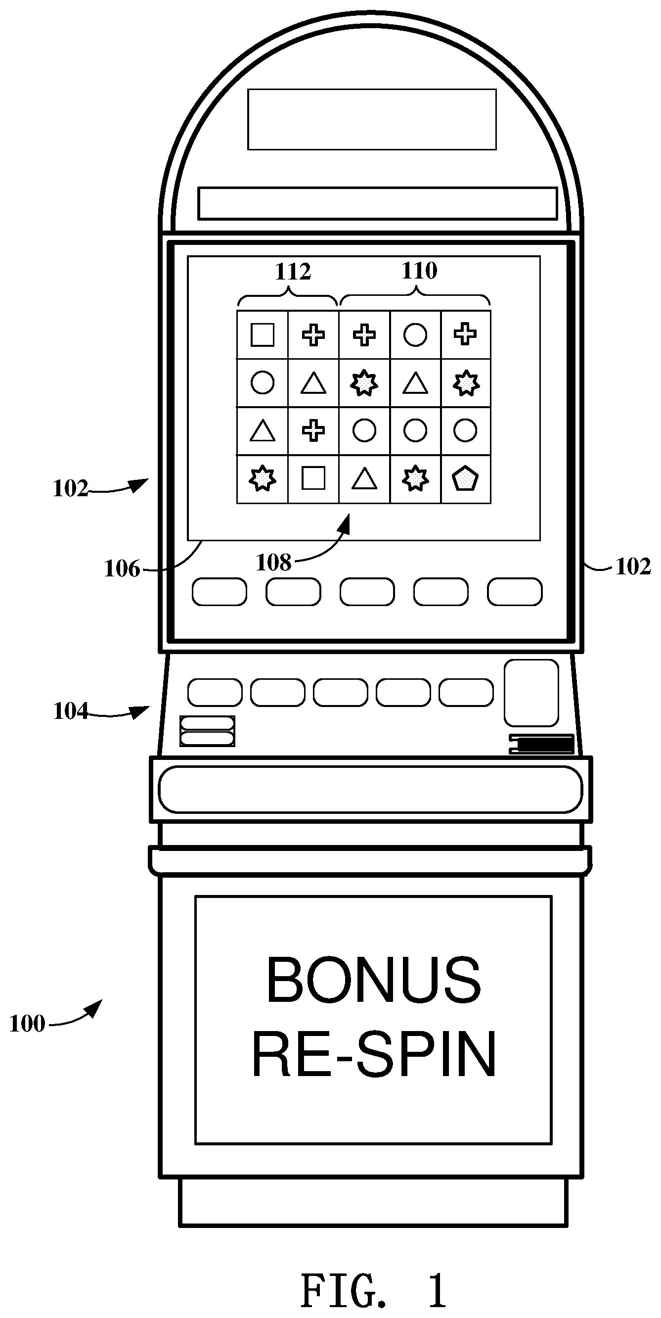 Patent US12307857 Figure 1 – Gaming device having multiple spins for winning outcomes
