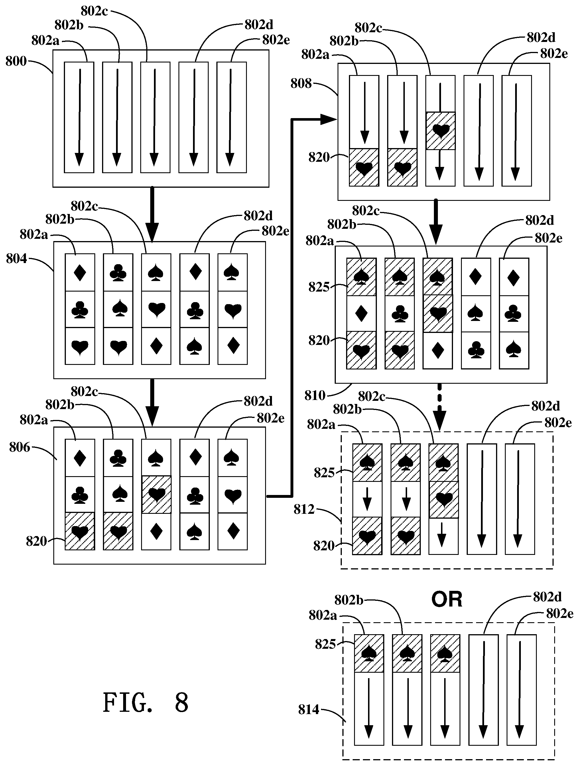 Patent US12307857 Figure 8 – Gaming device having multiple spins for winning outcomes
