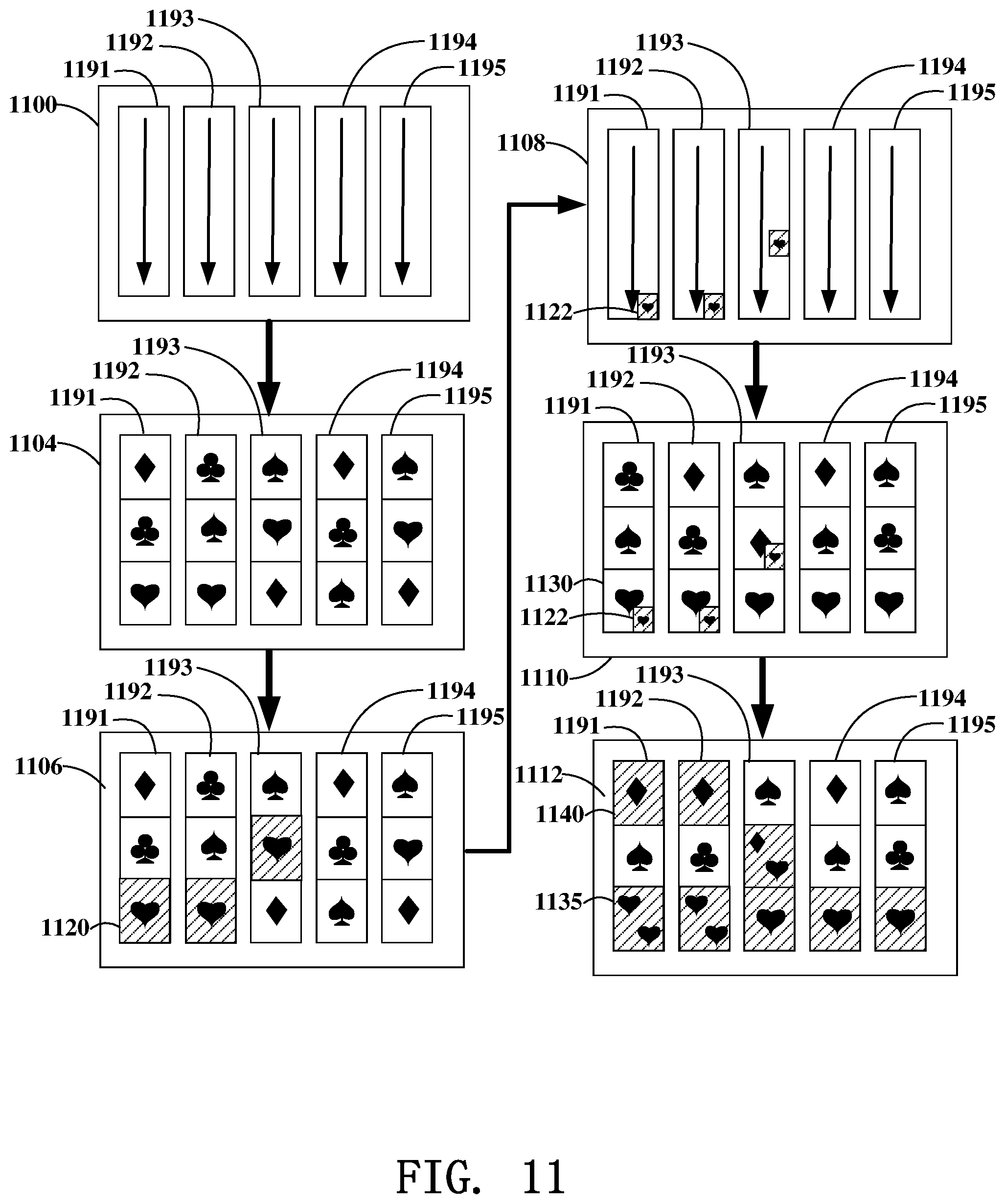 Patent US12307857 Figure 11 – Gaming device having multiple spins for winning outcomes