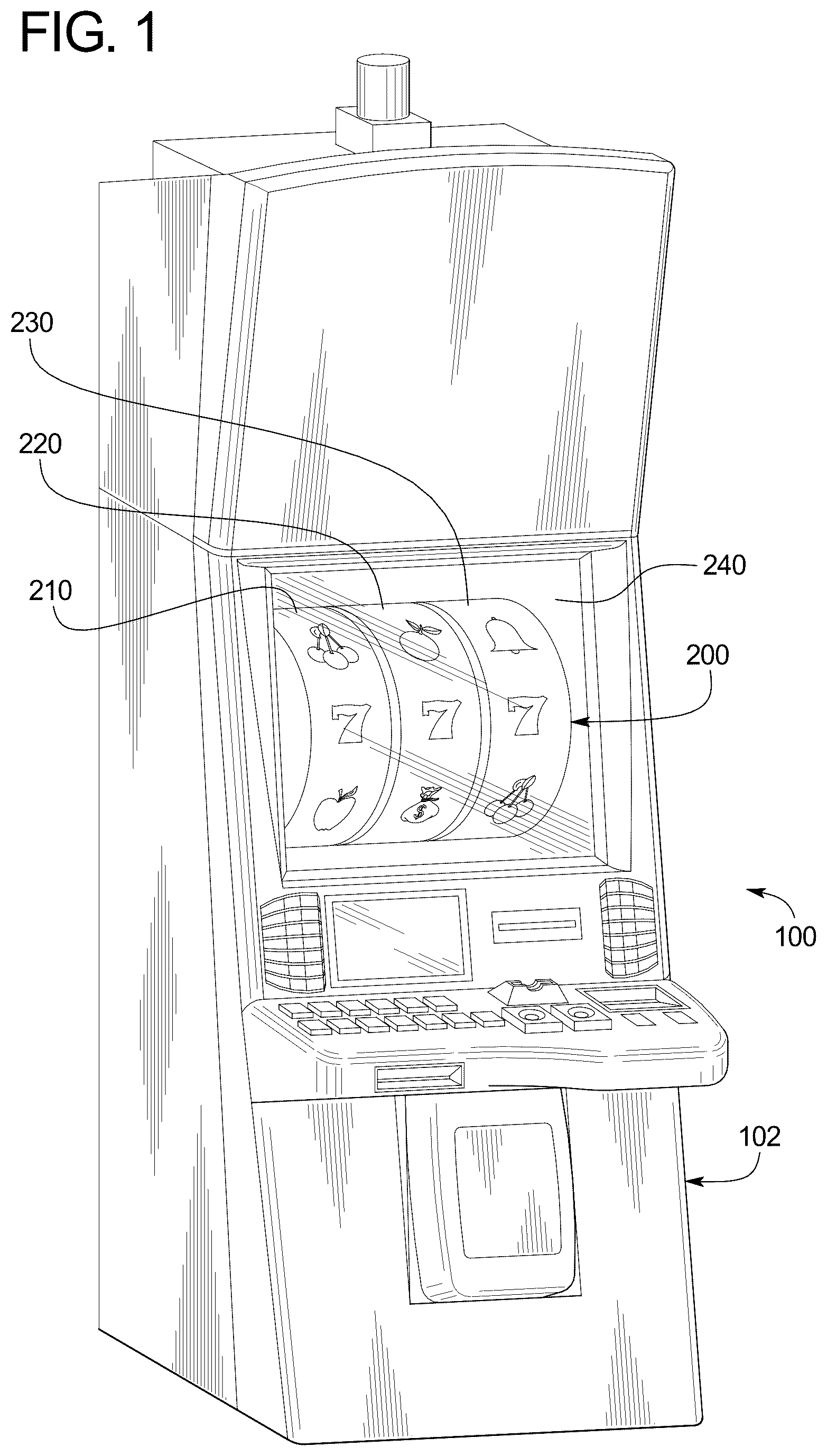 Patent US12307862 Figure 1 – Electronic gaming machine having a reel assembly and method of making reel strips