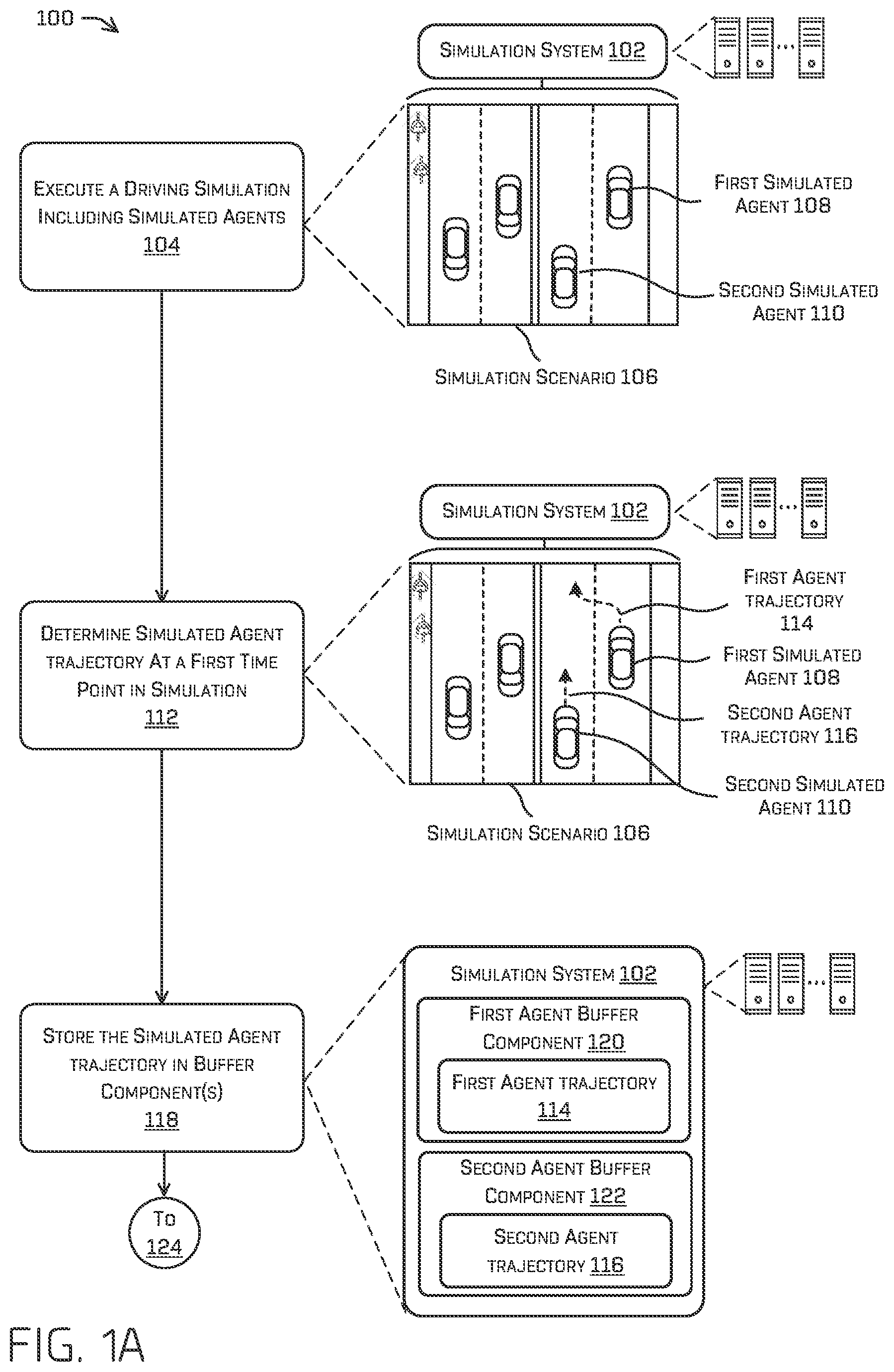 Patent US12307900 Figure 1 – Driving simulations with simulated agent interactions