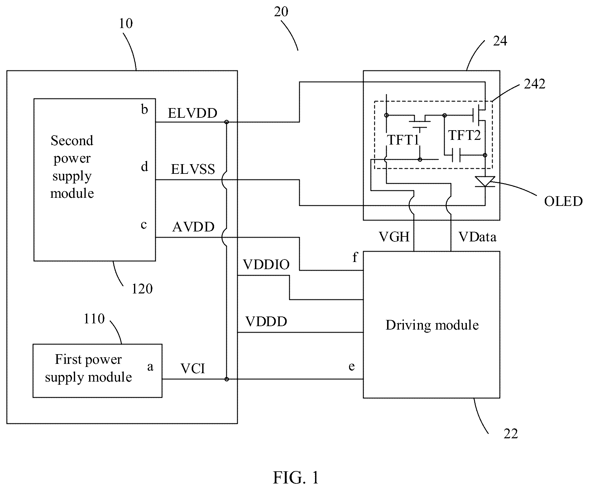 Patent US12307958 Figure 1 – Power supply circuit with first and second power supply modules and a driving module, and associated driving and display apparatuses