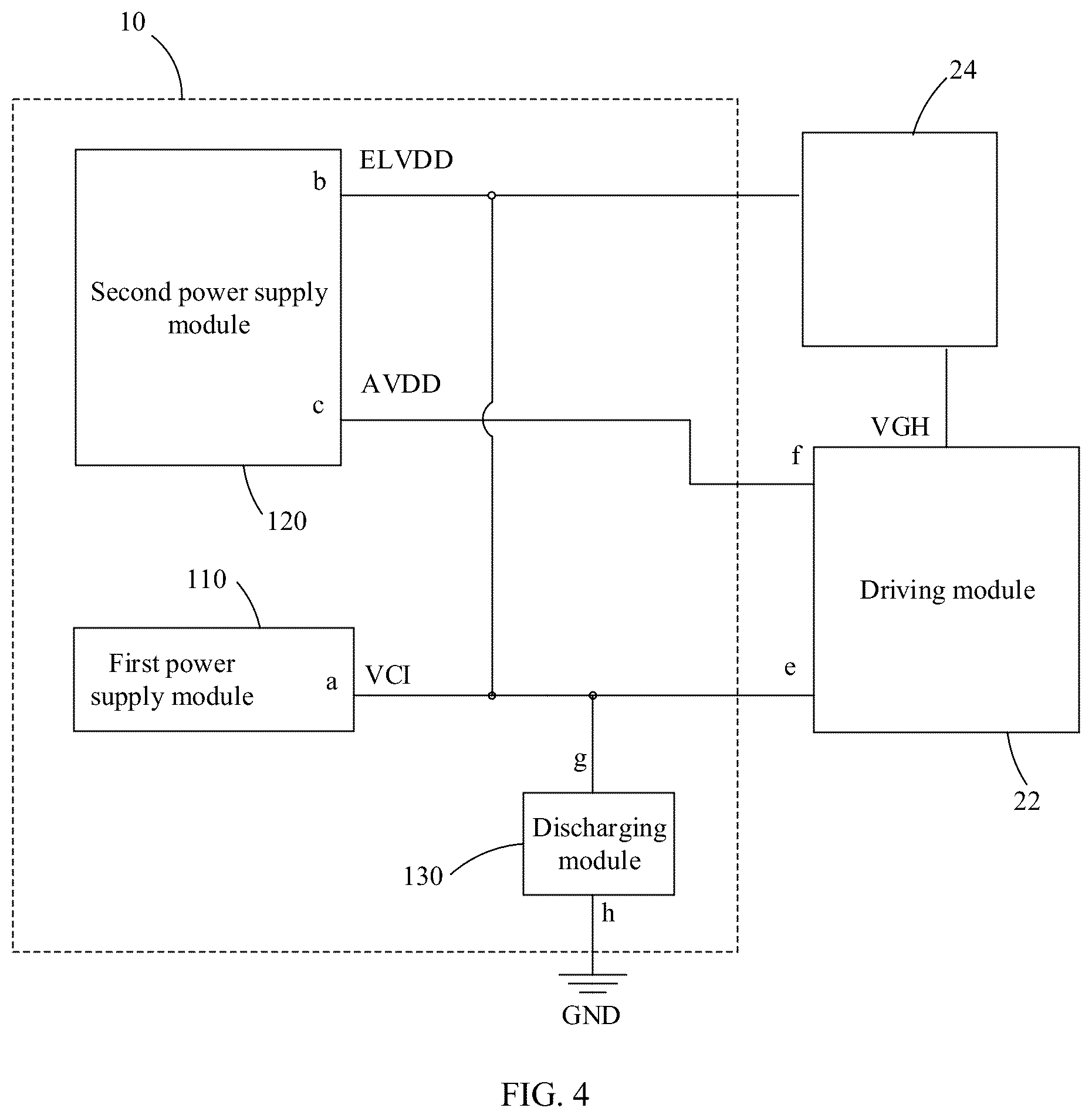 Patent US12307958 Figure 4 – Power supply circuit with first and second power supply modules and a driving module, and associated driving and display apparatuses