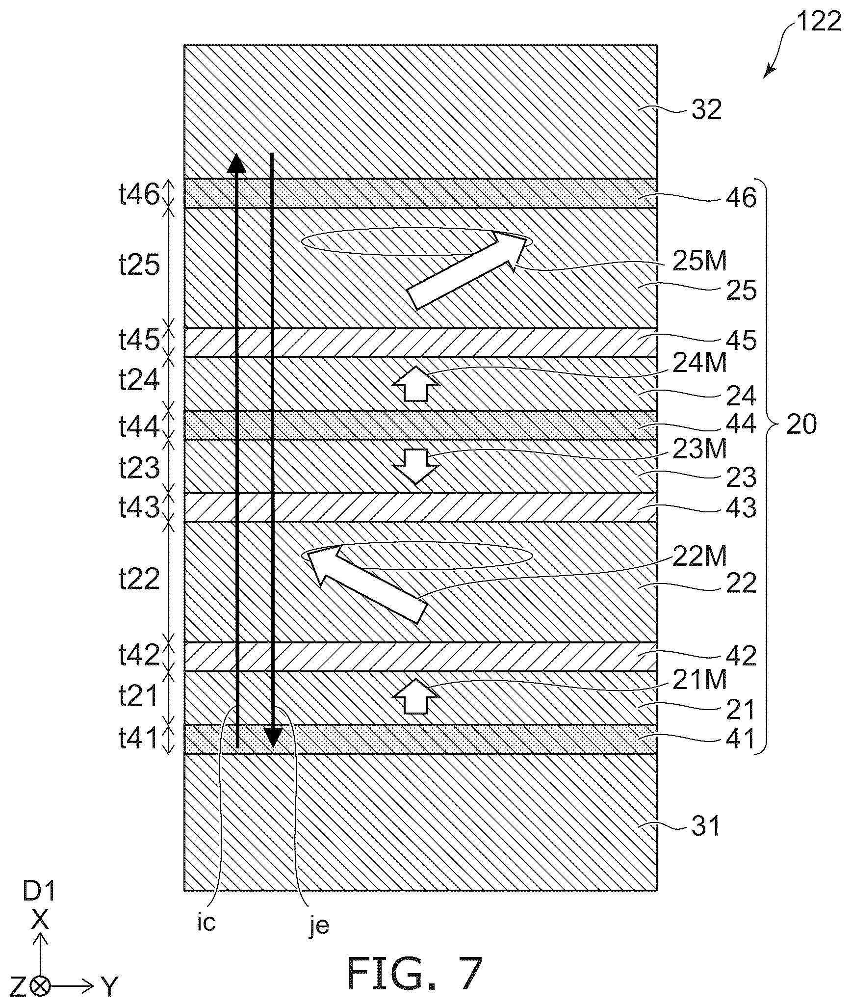 Patent US12308051 Figure 7 – Magnetic head with multilayer configuration between magnetic poles and magnetic recording device