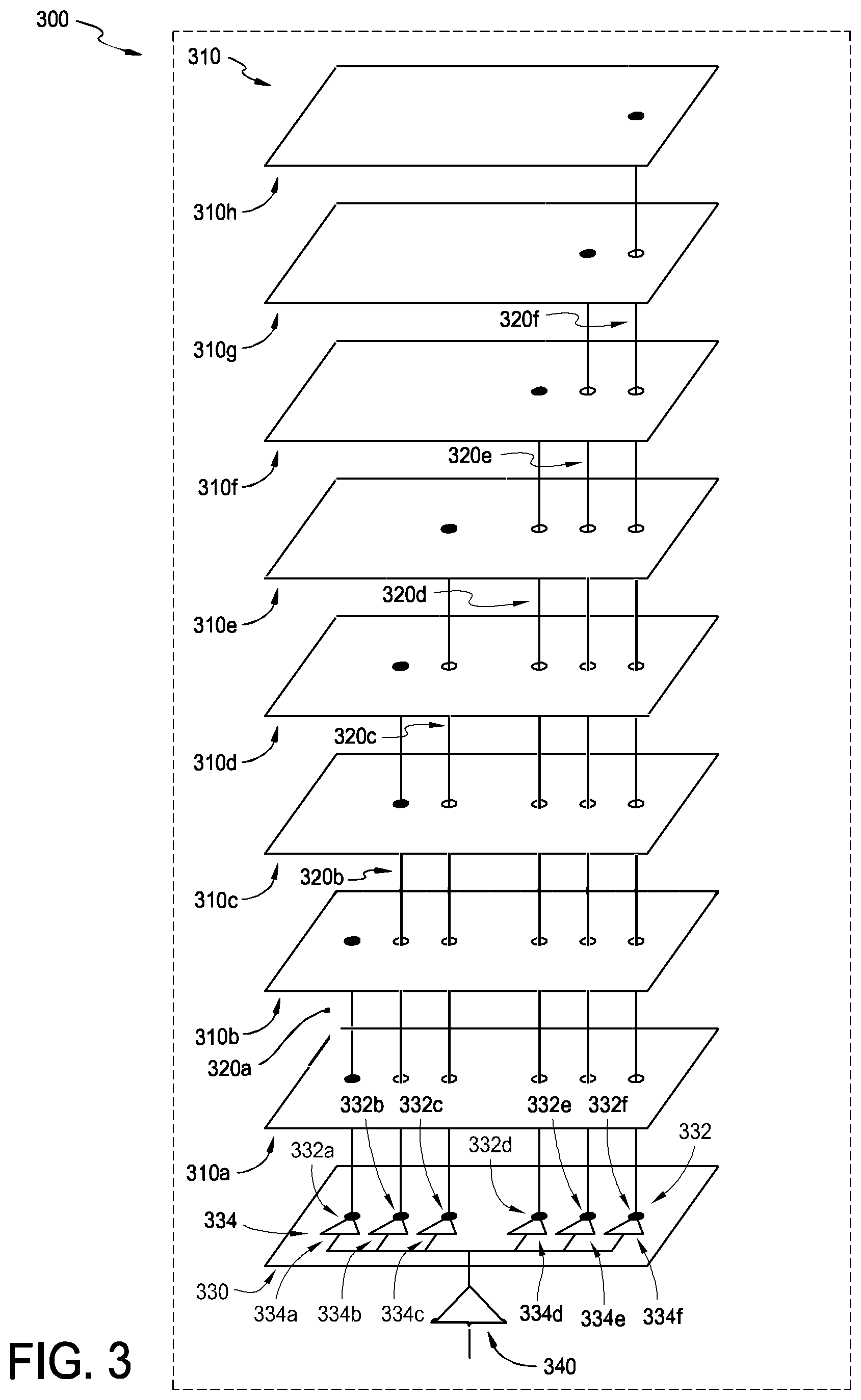 Patent US12308087 Figure 3 – Memory package having stacked array dies and reduced driver load