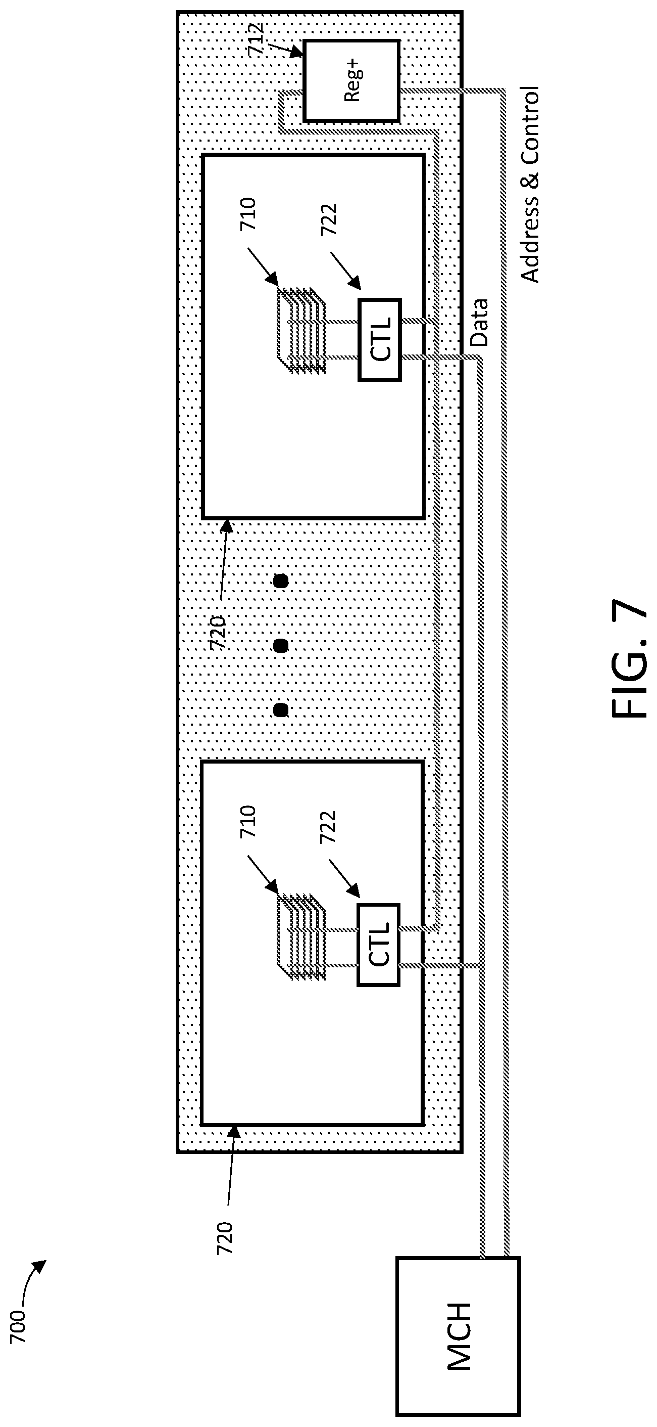Patent US12308087 Figure 7 – Memory package having stacked array dies and reduced driver load