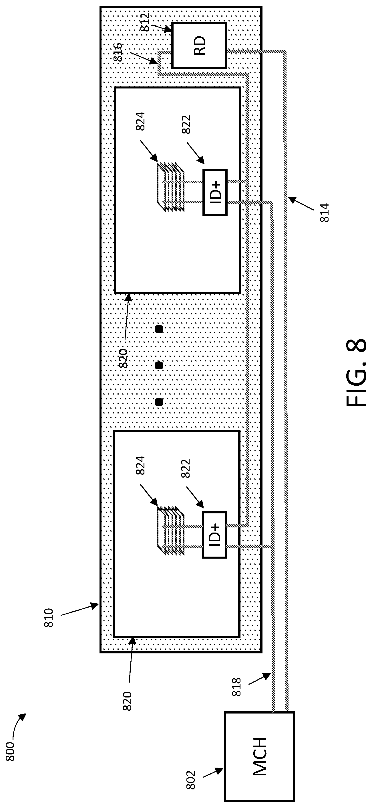 Patent US12308087 Figure 8 – Memory package having stacked array dies and reduced driver load