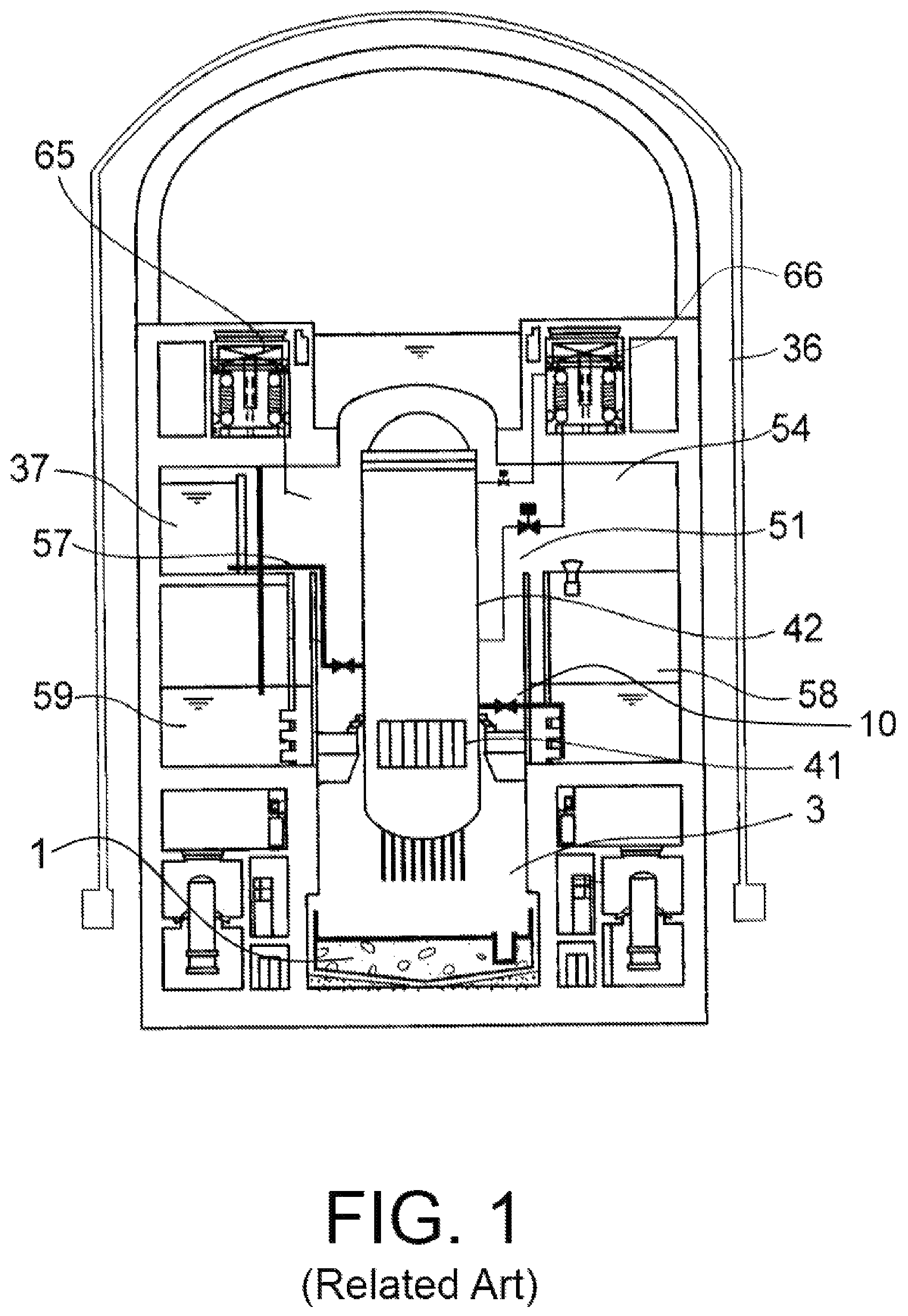 Patent US12308130 Figure 1 – Reactor condition controlled check valve permits coolant to flow from a reservoir to an isolation condenser chamber