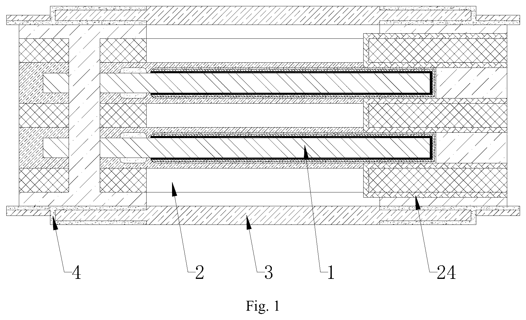 Patent US12308182 Figure 1 – Core package, double-substrate multilayer solid aluminum electrolytic capacitor and method for preparing same