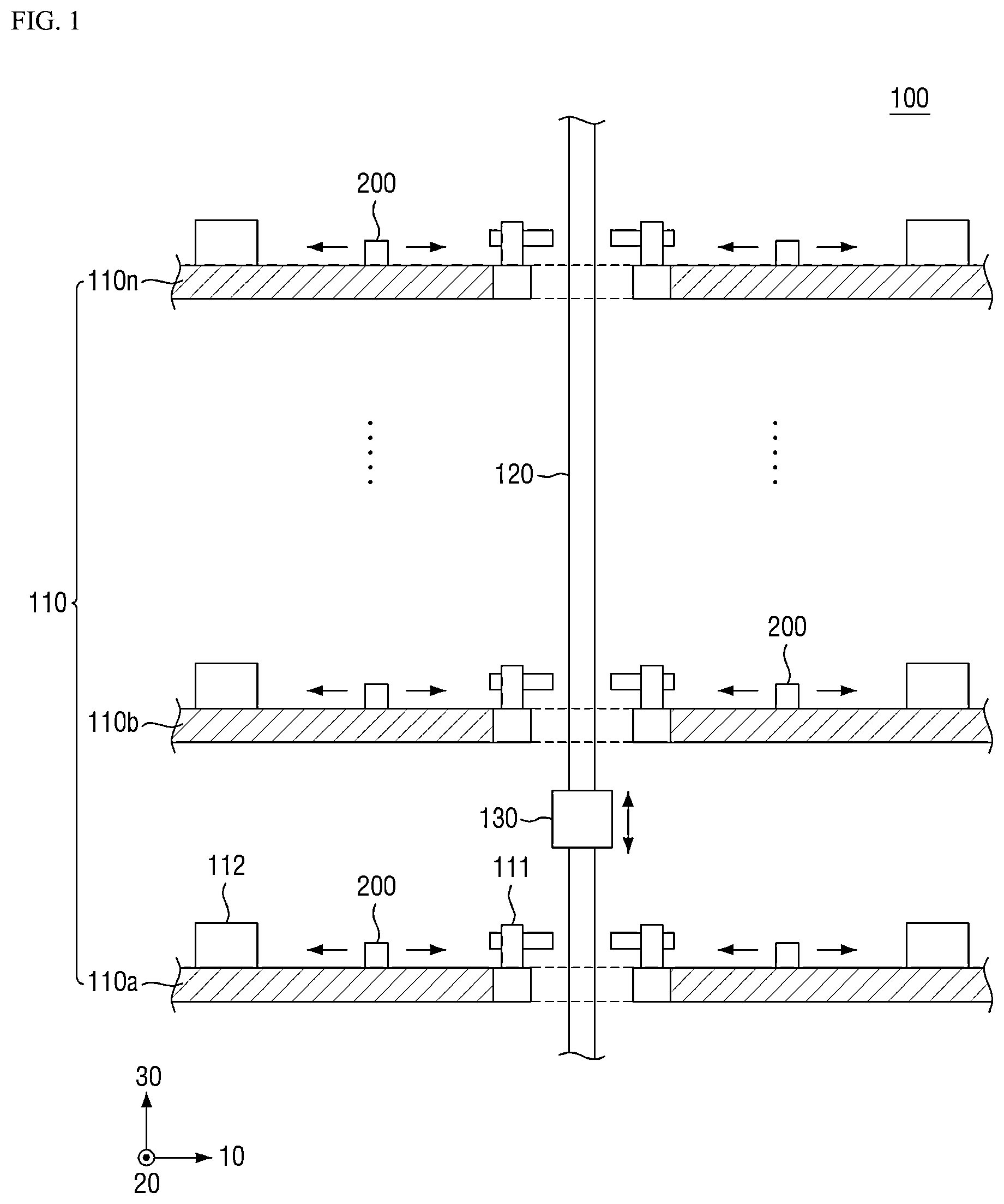 Patent US12308270 Figure 1 – Inter-floor transport apparatus and logistics transport system including the same