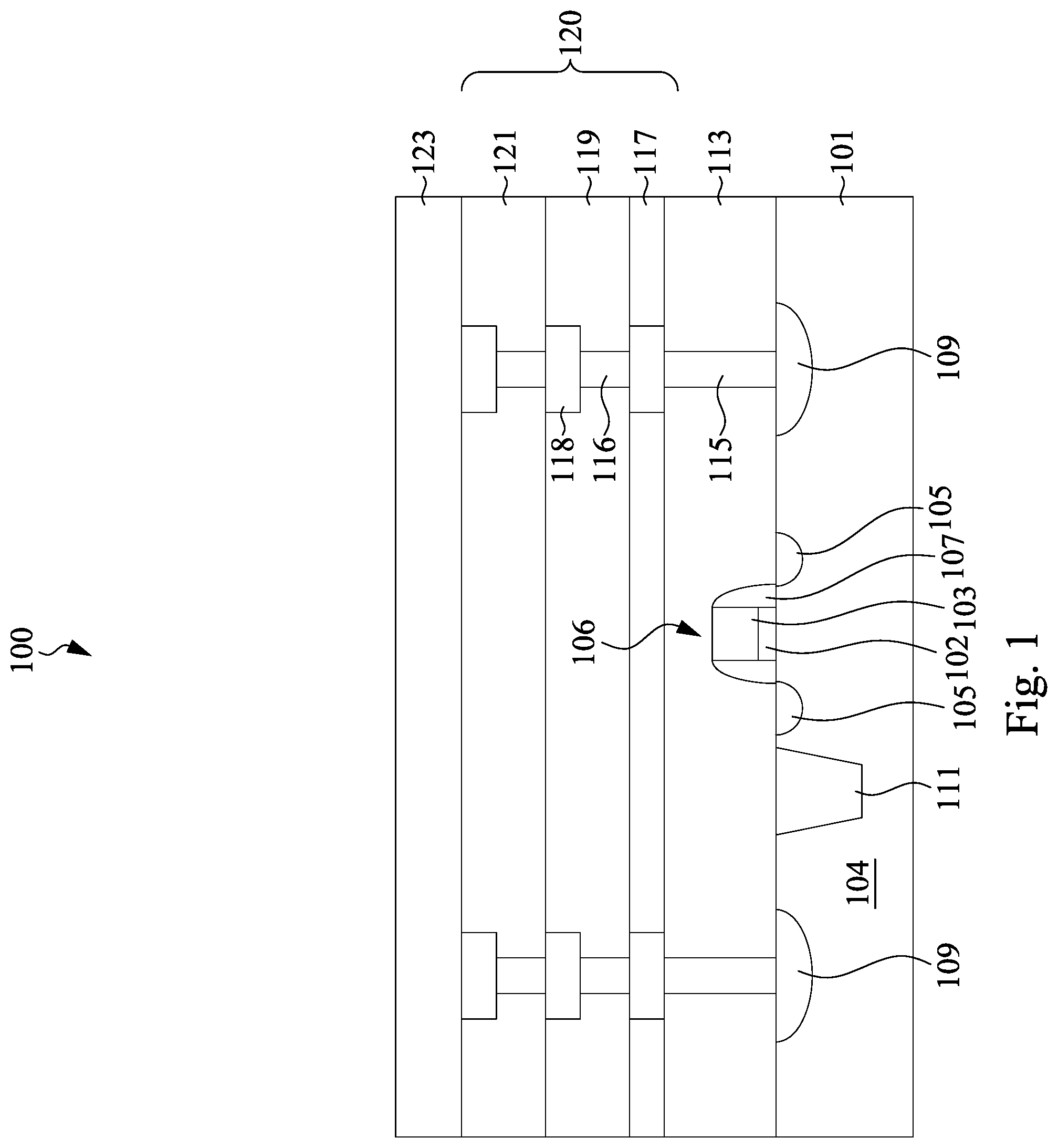 Patent US12308309 Figure 1 – Semiconductor device with integrated metal-insulator-metal capacitors