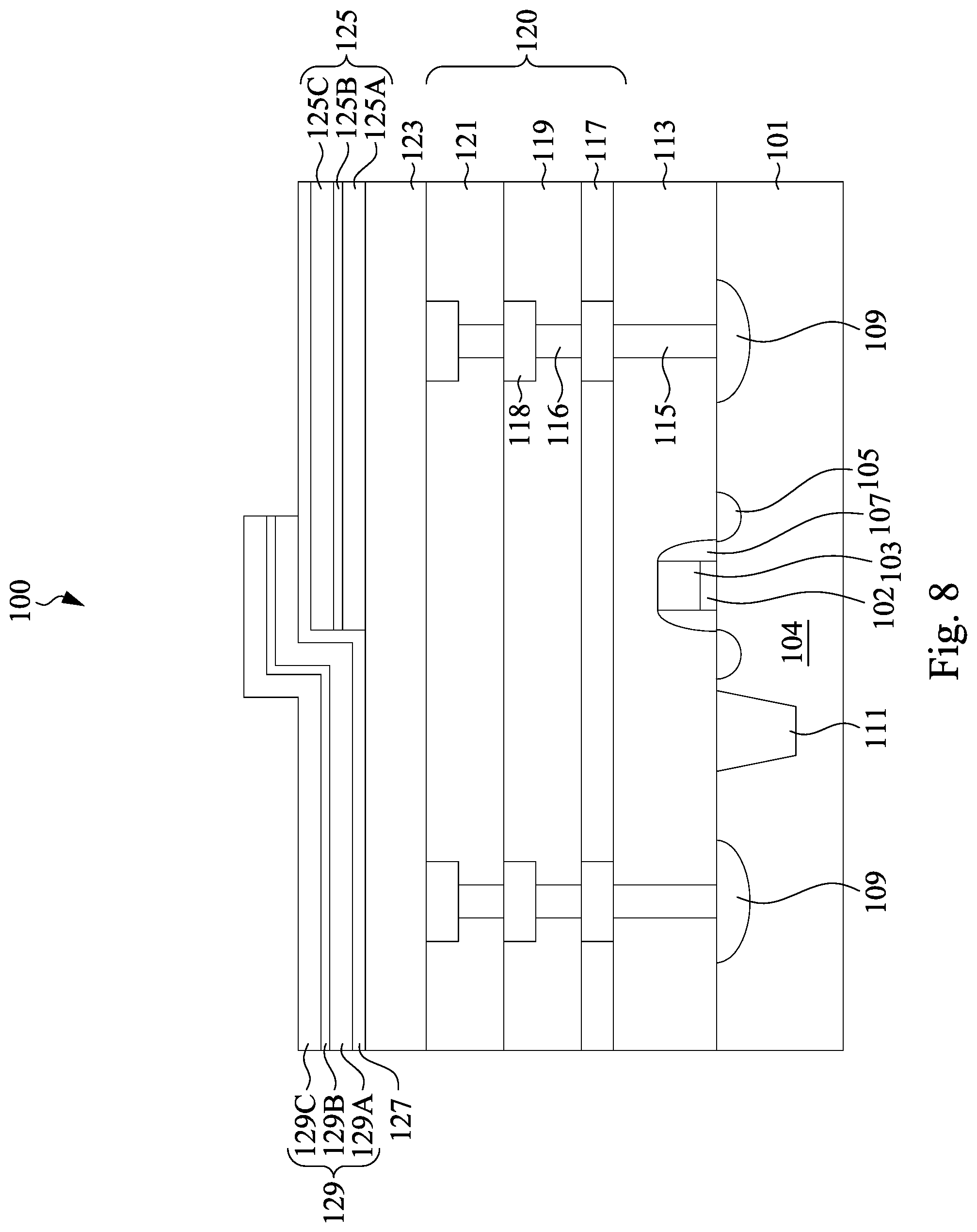 Patent US12308309 Figure 8 – Semiconductor device with integrated metal-insulator-metal capacitors