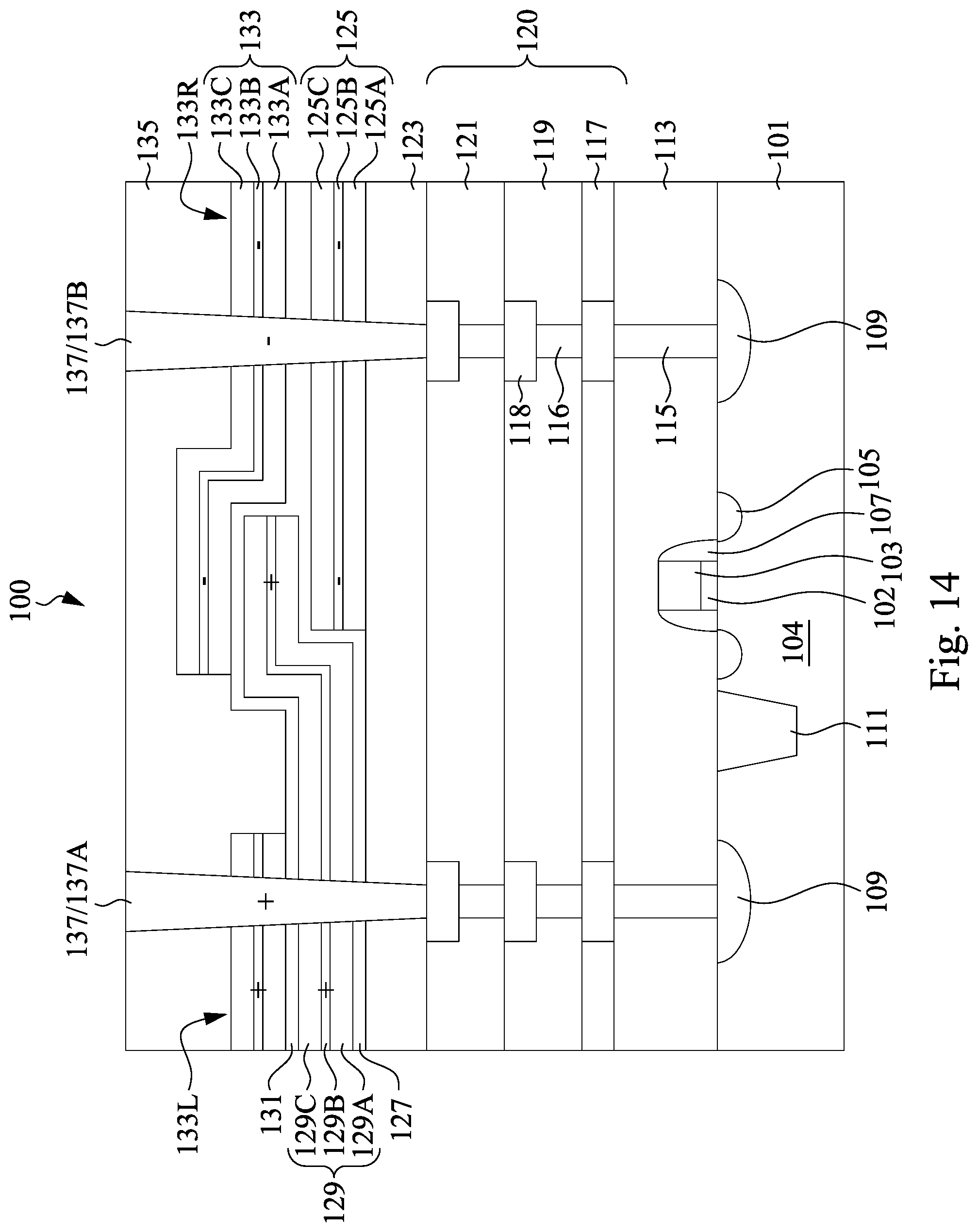 Patent US12308309 Figure 14 – Semiconductor device with integrated metal-insulator-metal capacitors