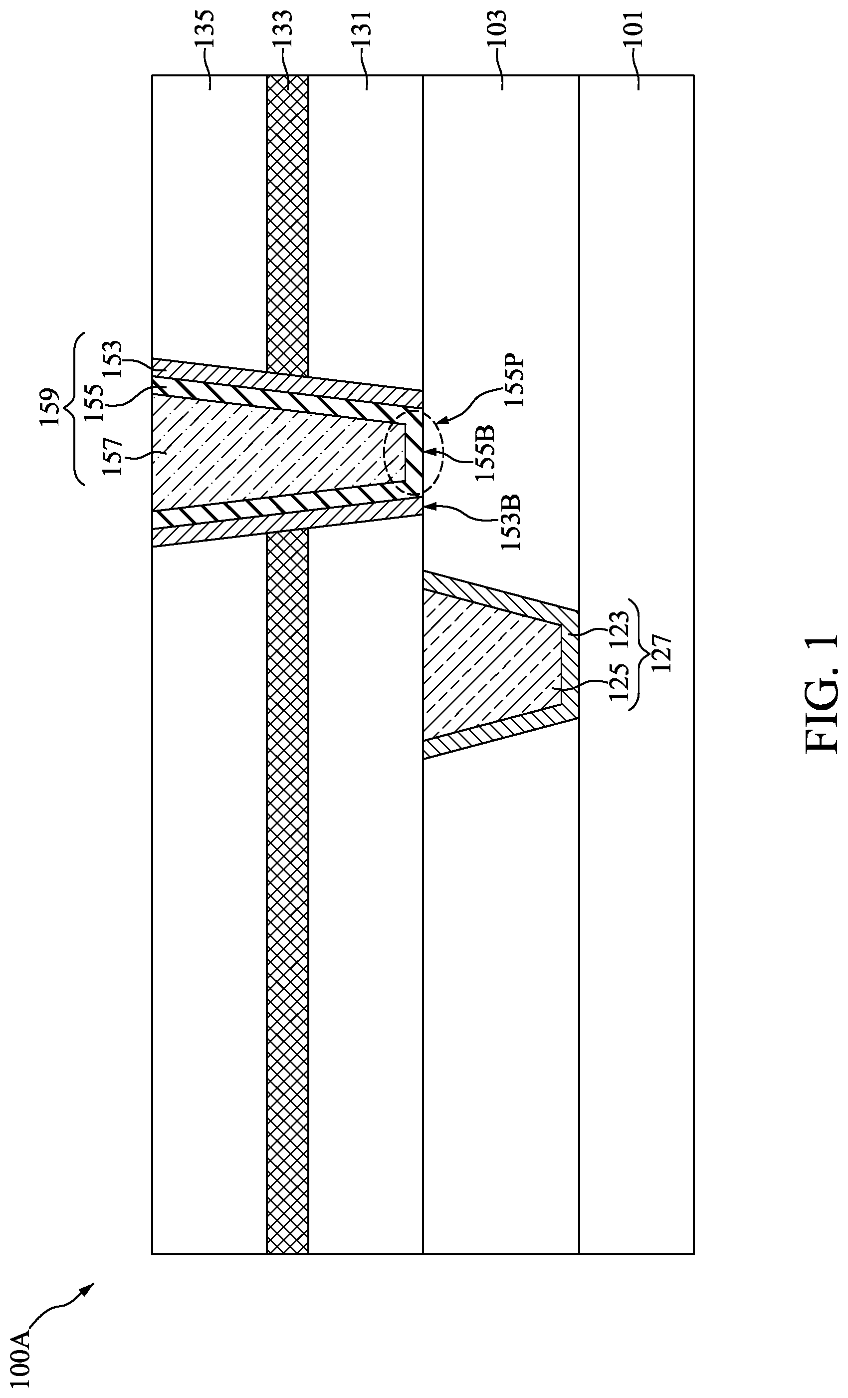 Patent US12308319 Figure 1 – Semiconductor device structure with fluorine-catching layer