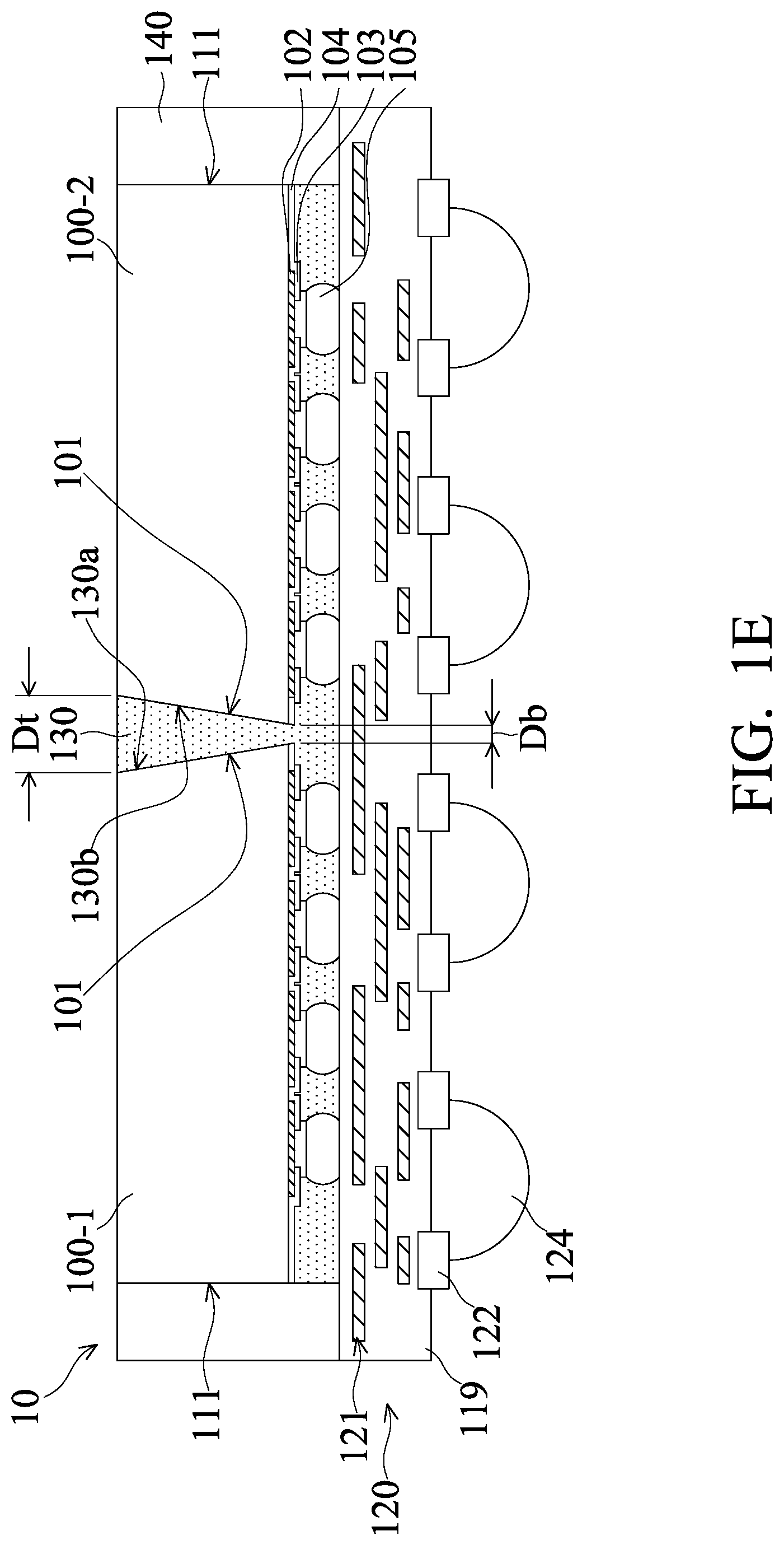Patent US12308346 Figure 5 – Semiconductor die with tapered sidewall in package
