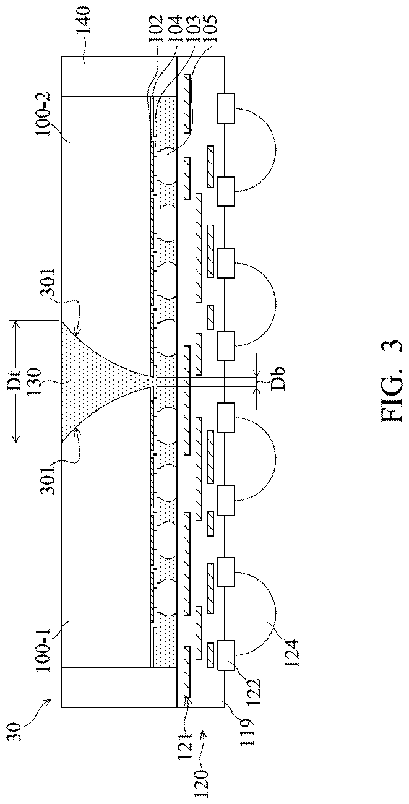 Patent US12308346 Figure 8 – Semiconductor die with tapered sidewall in package