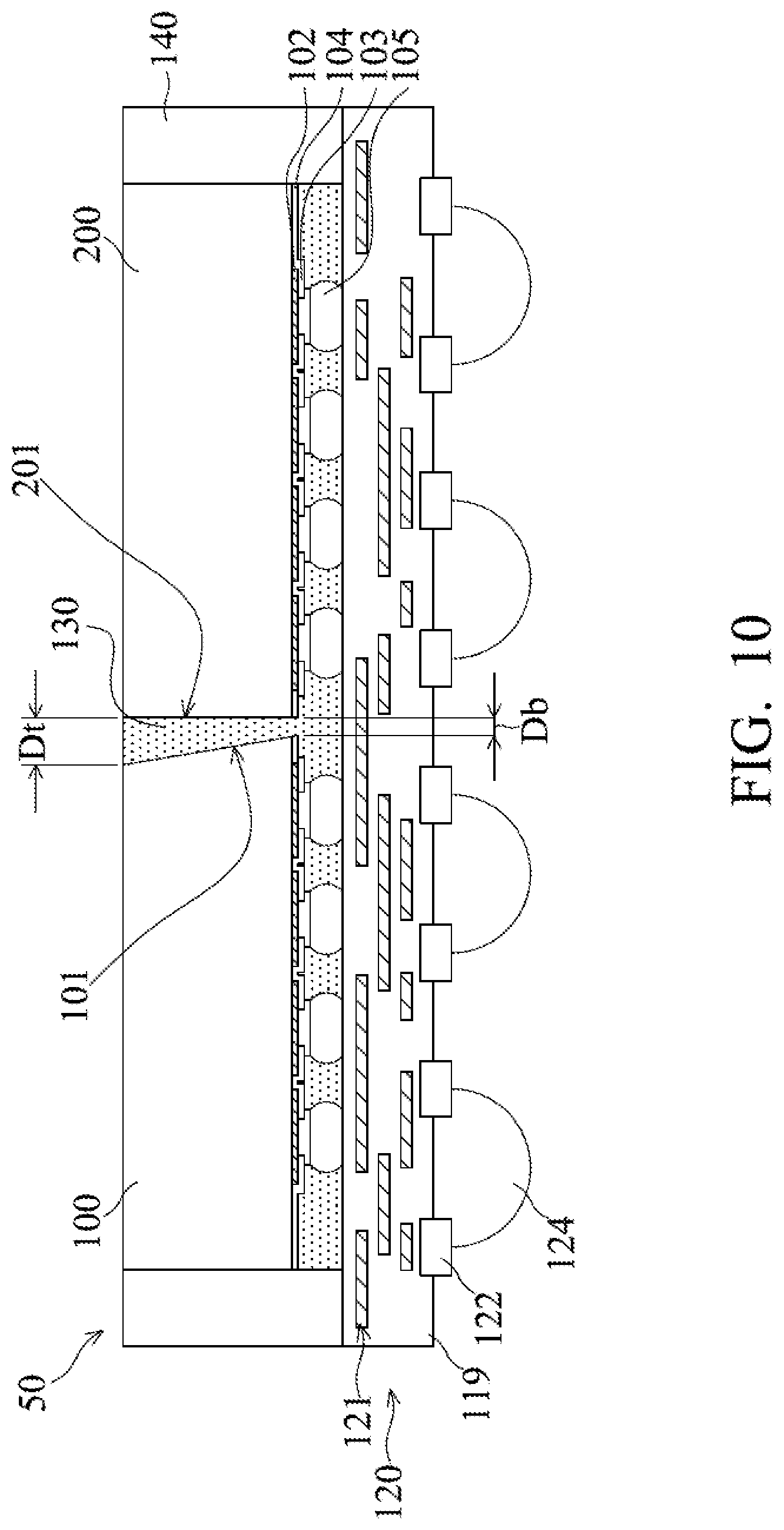 Patent US12308346 Figure 14 – Semiconductor die with tapered sidewall in package