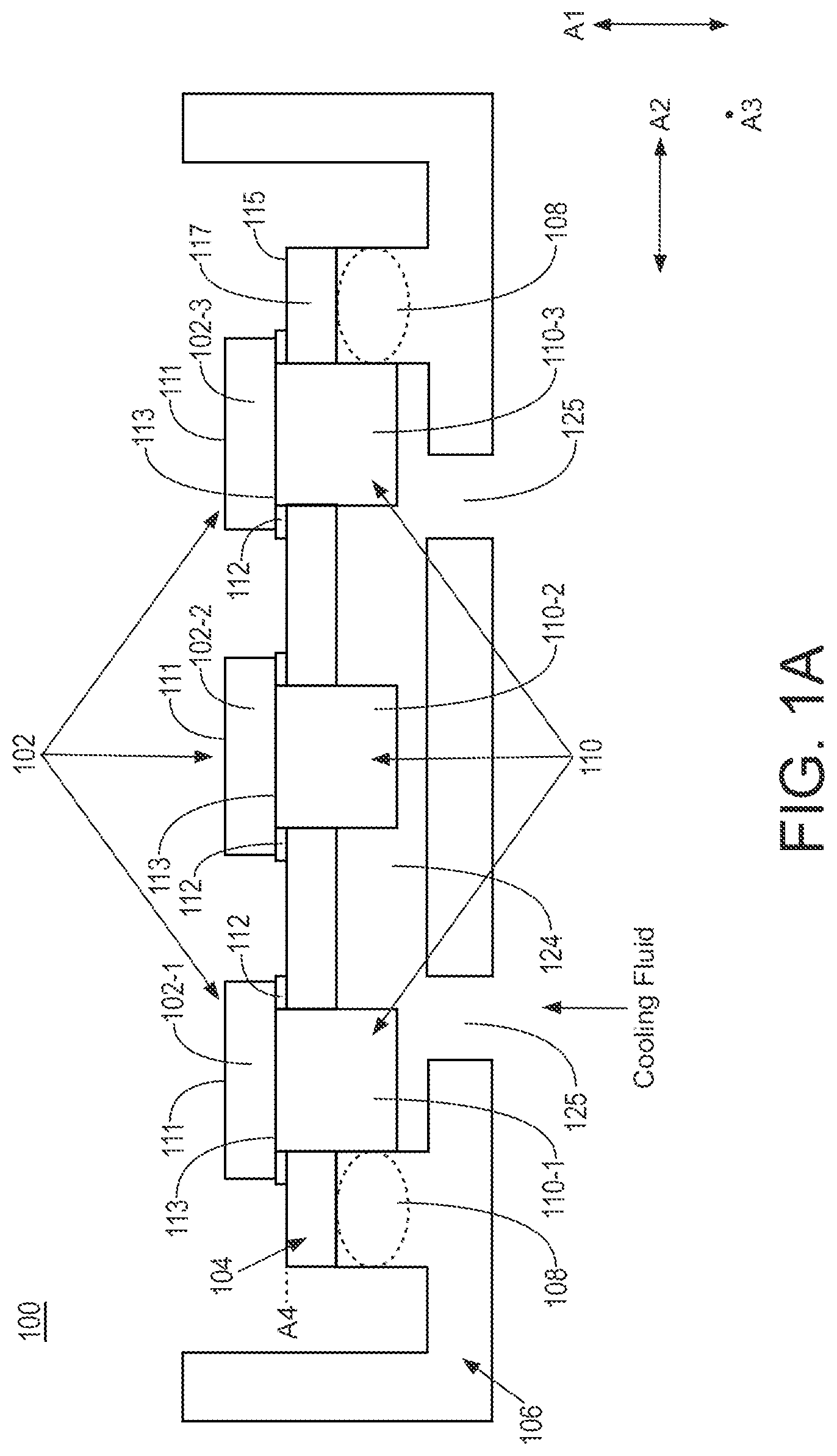 Patent US12308364 Figure 1 – Power module package for direct cooling multiple power modules