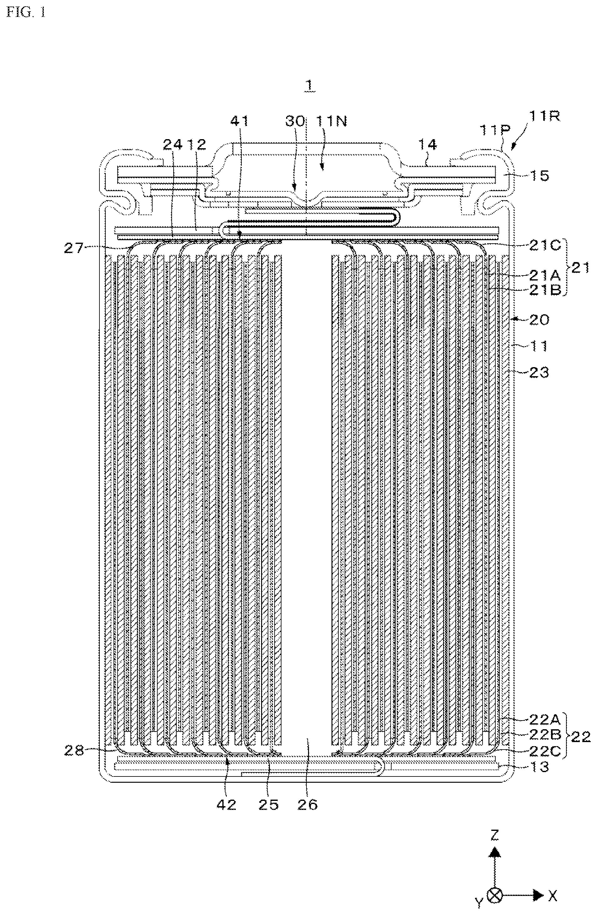 Patent US12308395 Figure 1 – Secondary battery, battery pack, electronic device, electric tool, electric aircraft, and electric vehicle