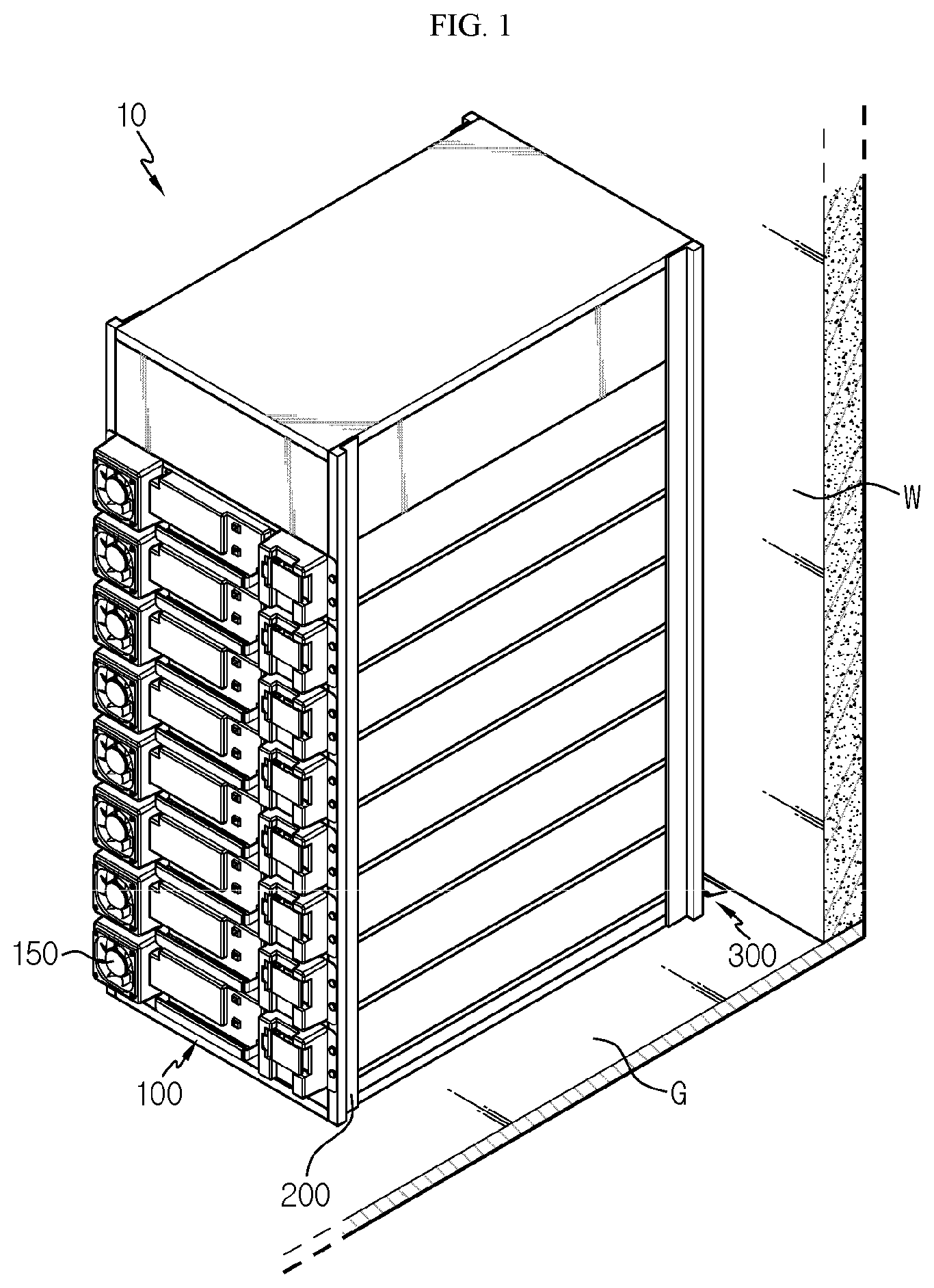 Patent US12308410 Figure 1 – Battery rack including bracket creating space between walls and rack case and power storage apparatus comprising same