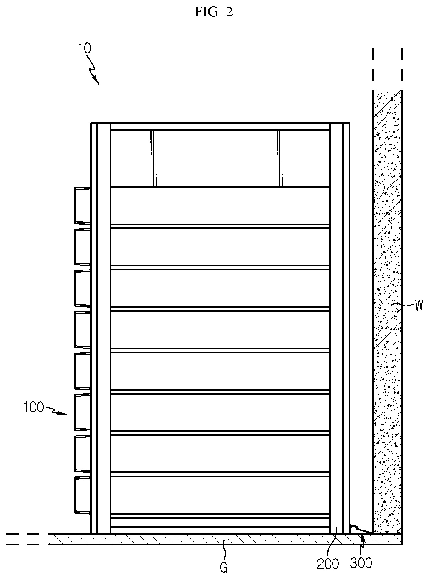 Patent US12308410 Figure 2 – Battery rack including bracket creating space between walls and rack case and power storage apparatus comprising same