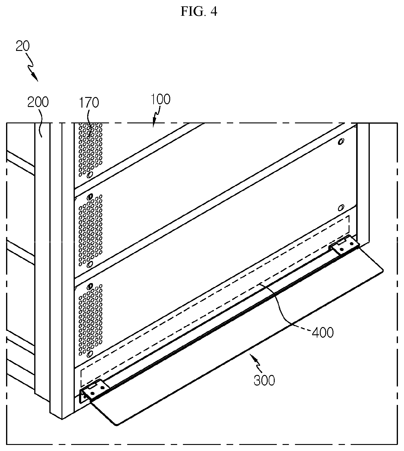 Patent US12308410 Figure 4 – Battery rack including bracket creating space between walls and rack case and power storage apparatus comprising same