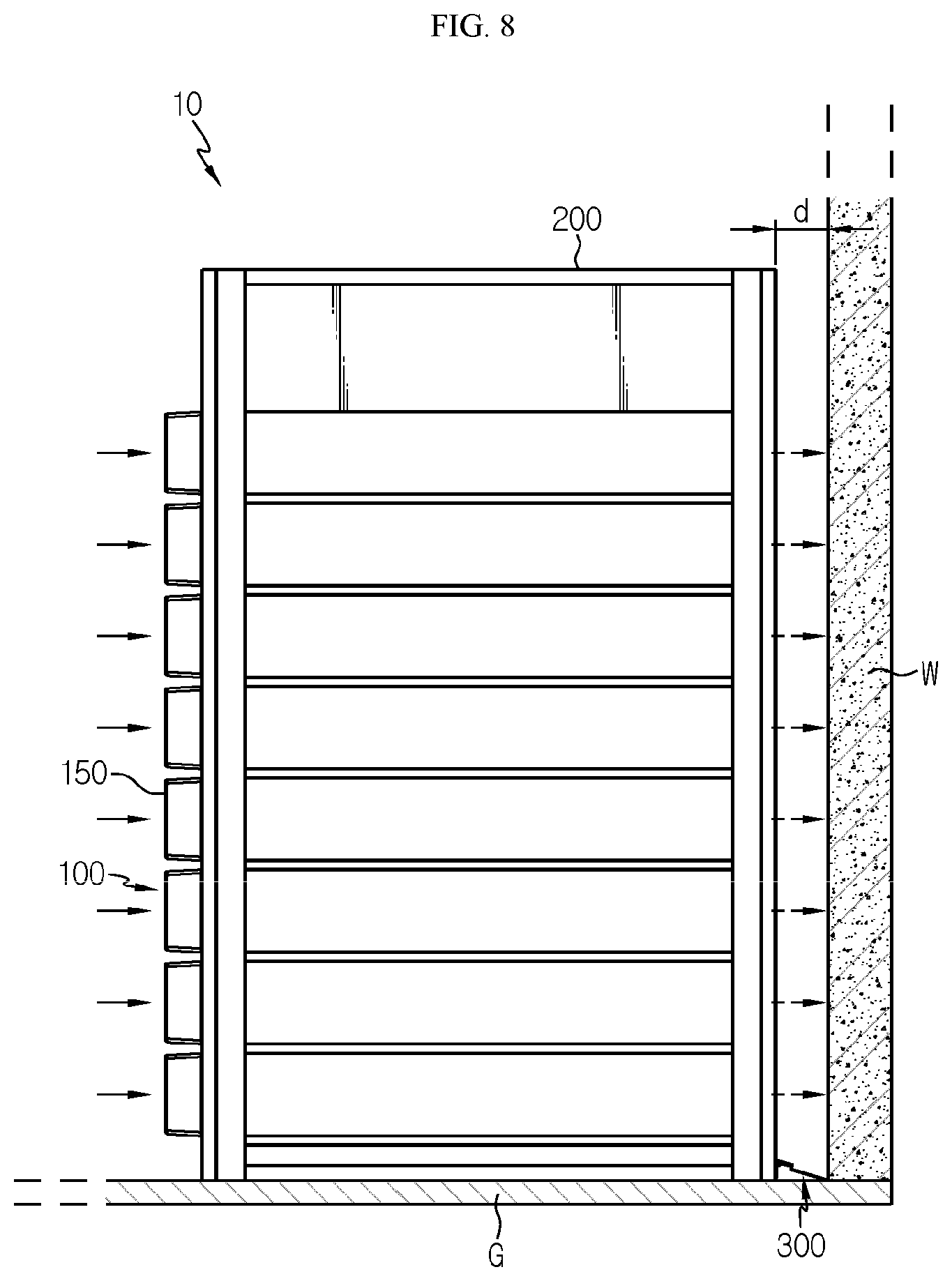Patent US12308410 Figure 7 – Battery rack including bracket creating space between walls and rack case and power storage apparatus comprising same
