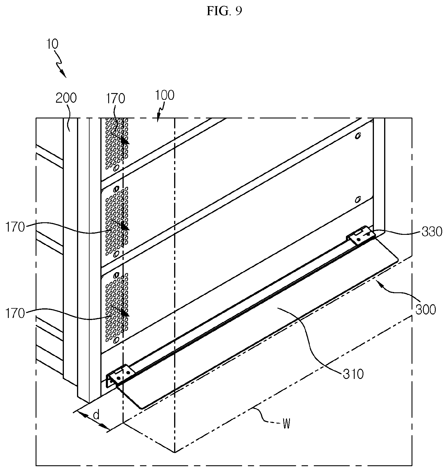 Patent US12308410 Figure 8 – Battery rack including bracket creating space between walls and rack case and power storage apparatus comprising same
