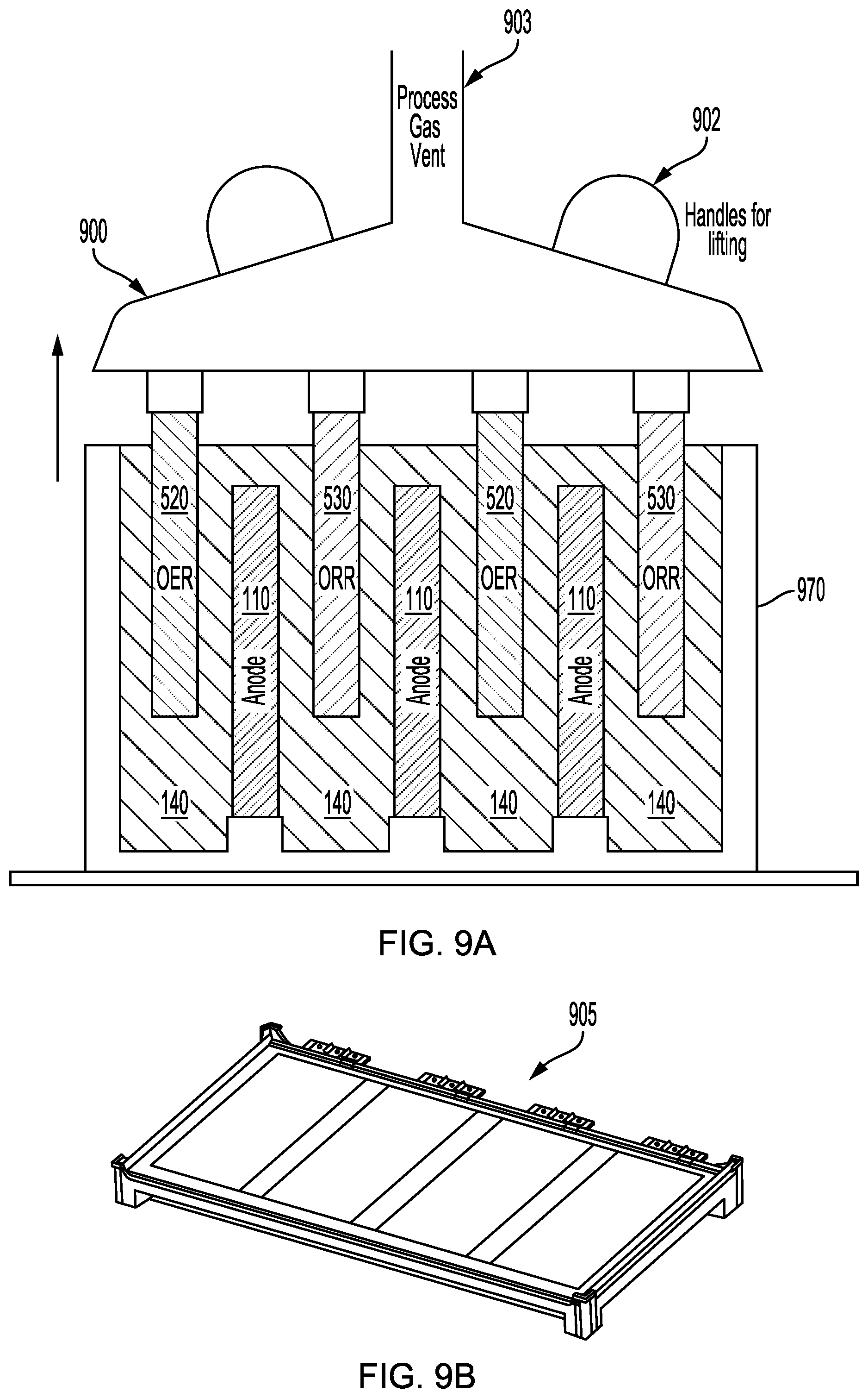 Patent US12308414 Figure 9 – Device architectures for metal-air batteries
