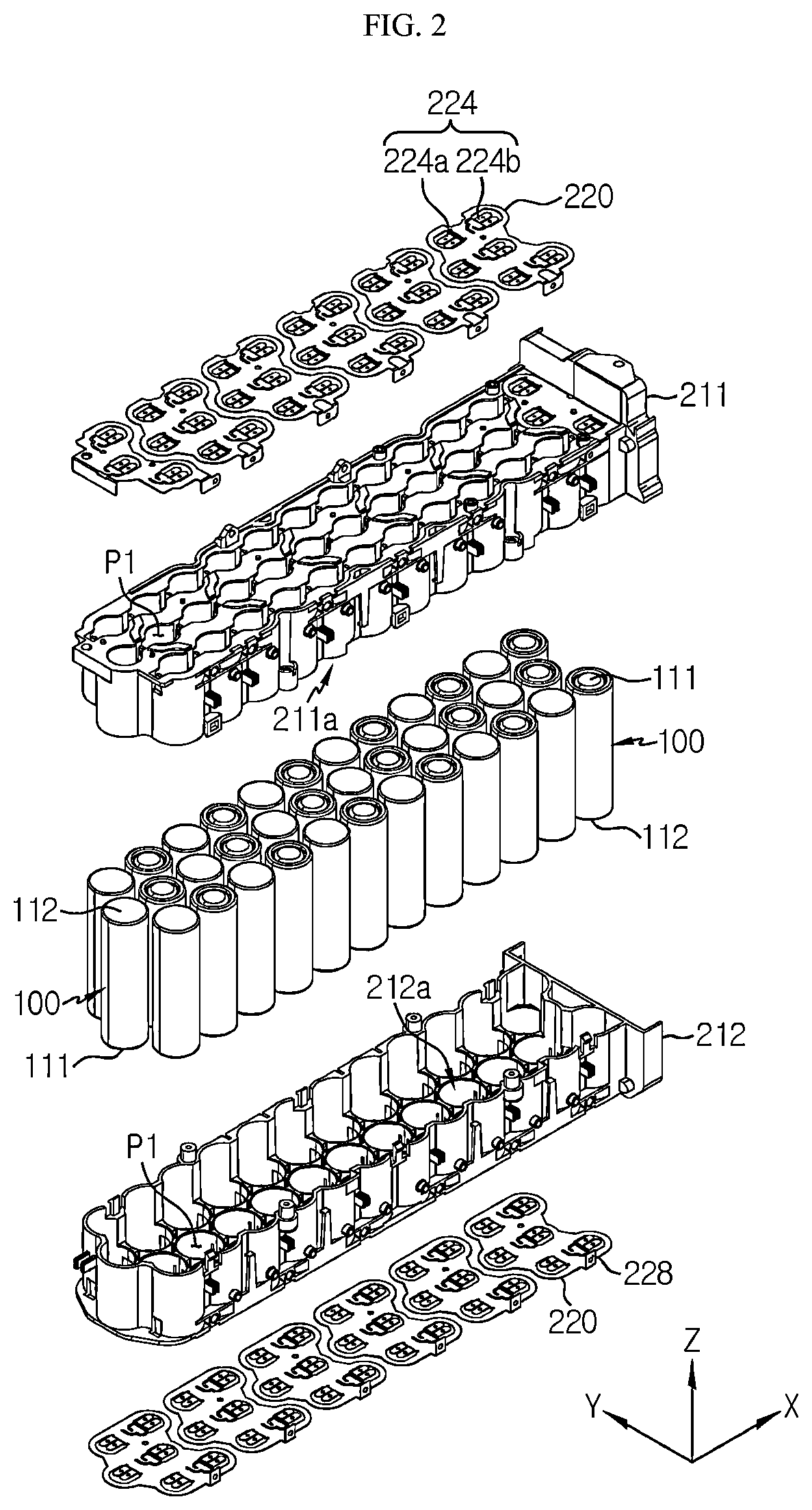 Patent US12308482 Figure 2 – Battery module comprising busbar plate, battery pack comprising battery module, and electronic device