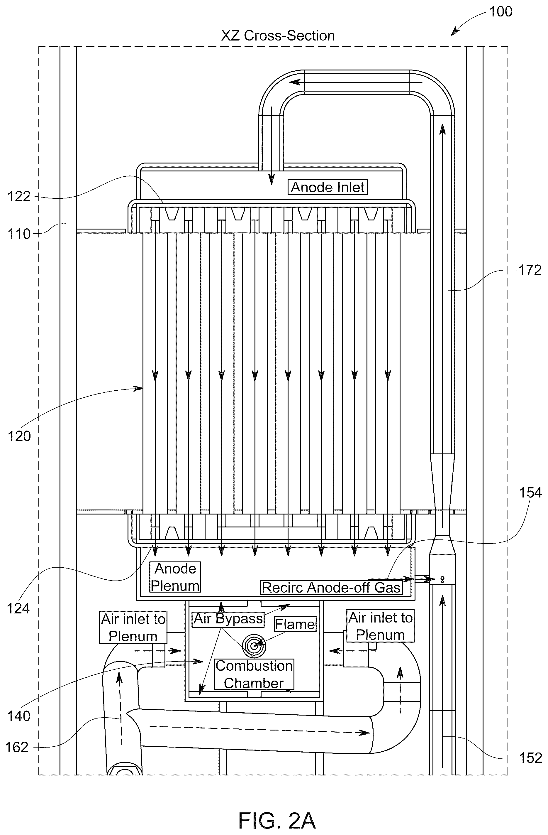 Patent US12308491 Figure 2 – Integrated solid oxide fuel cell combustor assembly, system, and method thereof