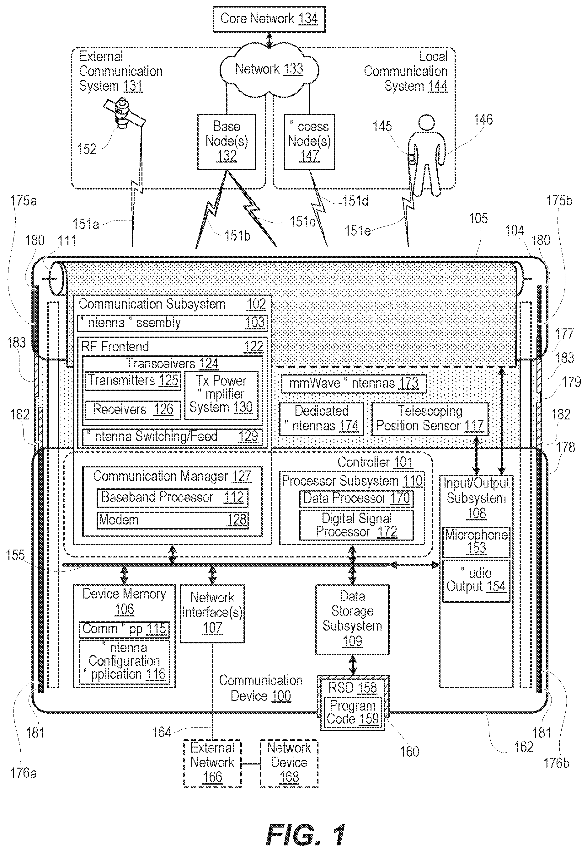 Patent US12308512 Figure 1 – Reconfigurable antenna system for a communication device with expandable form factor
