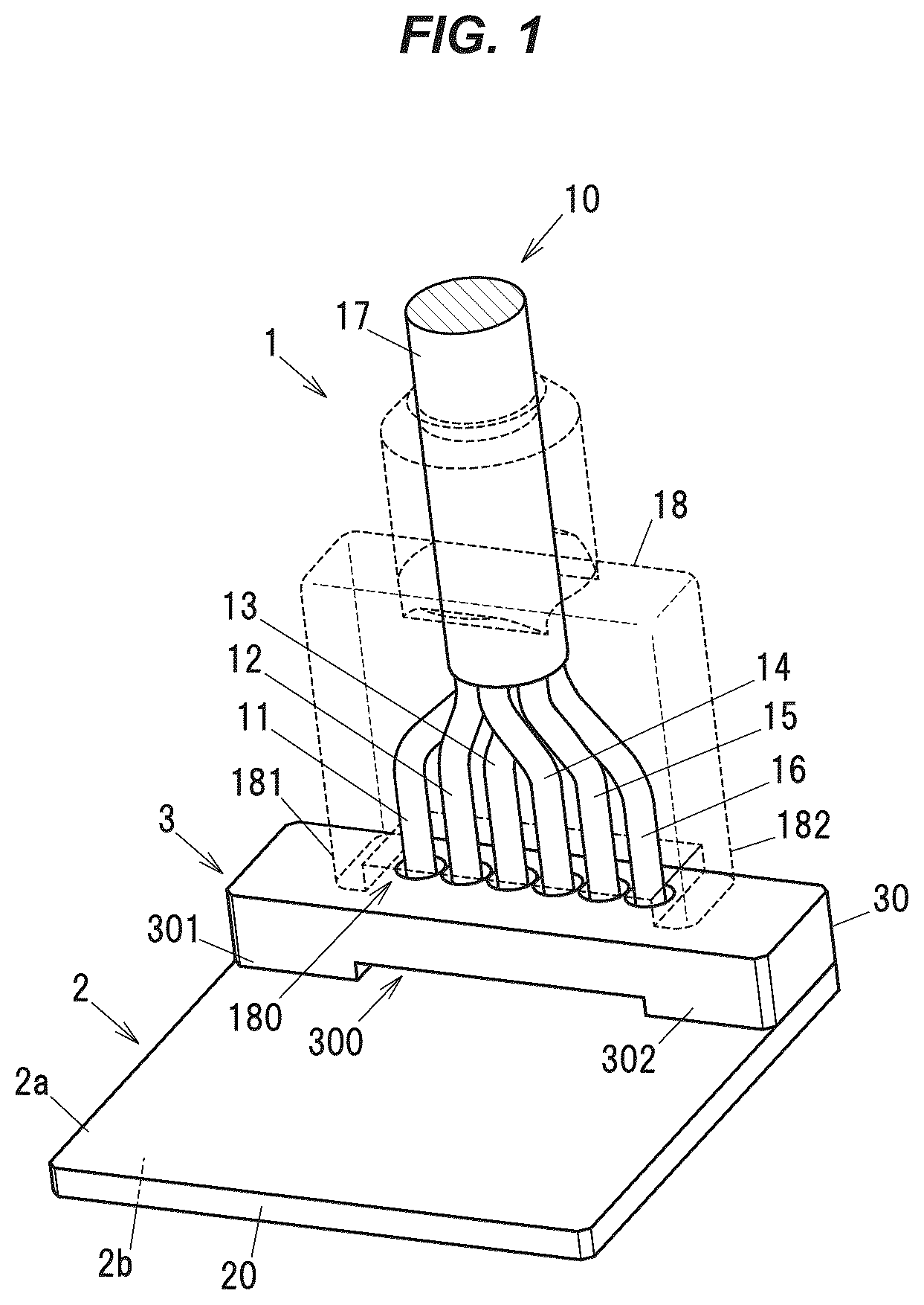 Patent US12308540 Figure 1 – Wire-to-circuit board connection structure and a circuit board-attached cable