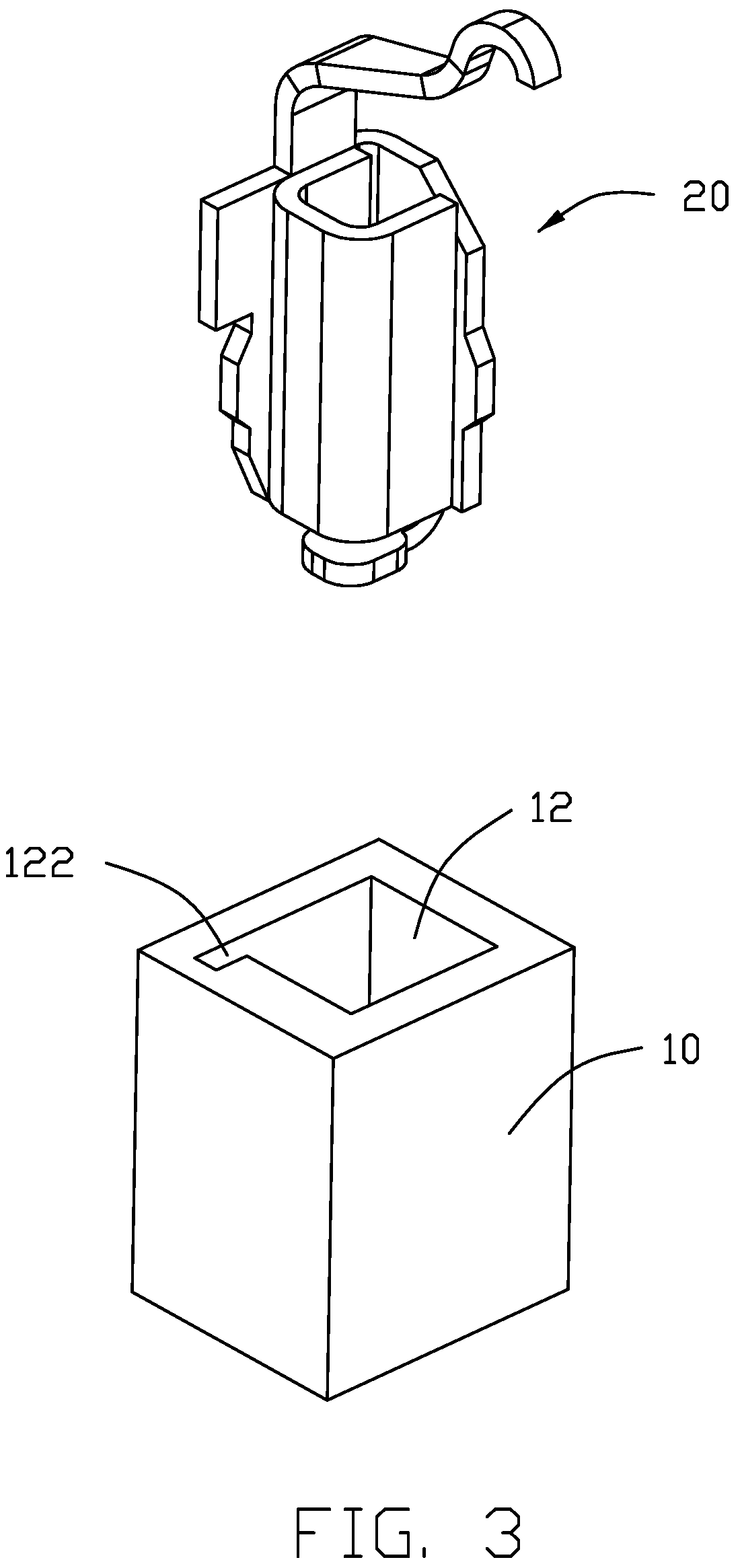 Patent US12308551 Figure 3 – Electrical connector having an angled part and a U-shaped plate together defining a tubular structure