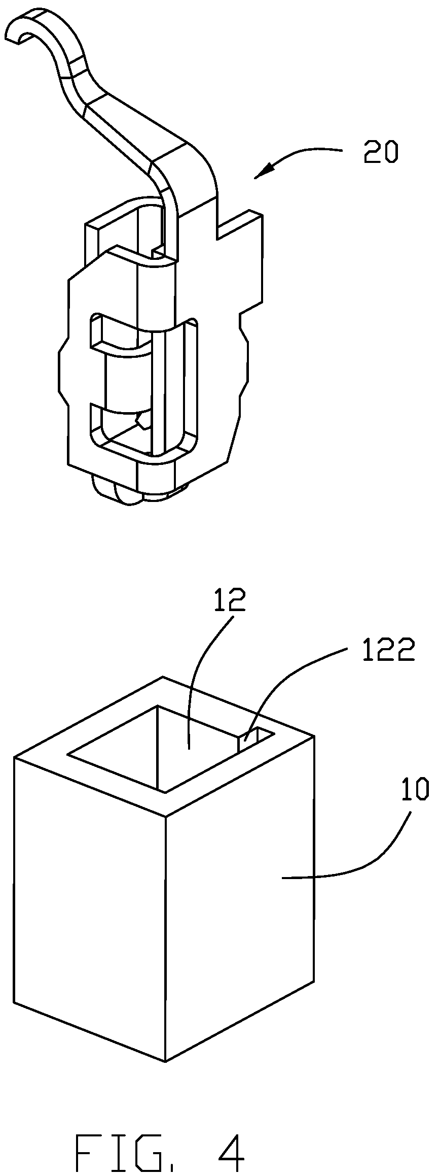 Patent US12308551 Figure 4 – Electrical connector having an angled part and a U-shaped plate together defining a tubular structure
