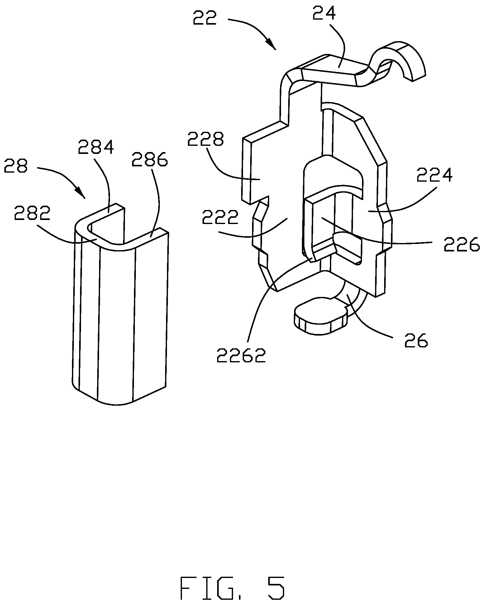 Patent US12308551 Figure 5 – Electrical connector having an angled part and a U-shaped plate together defining a tubular structure