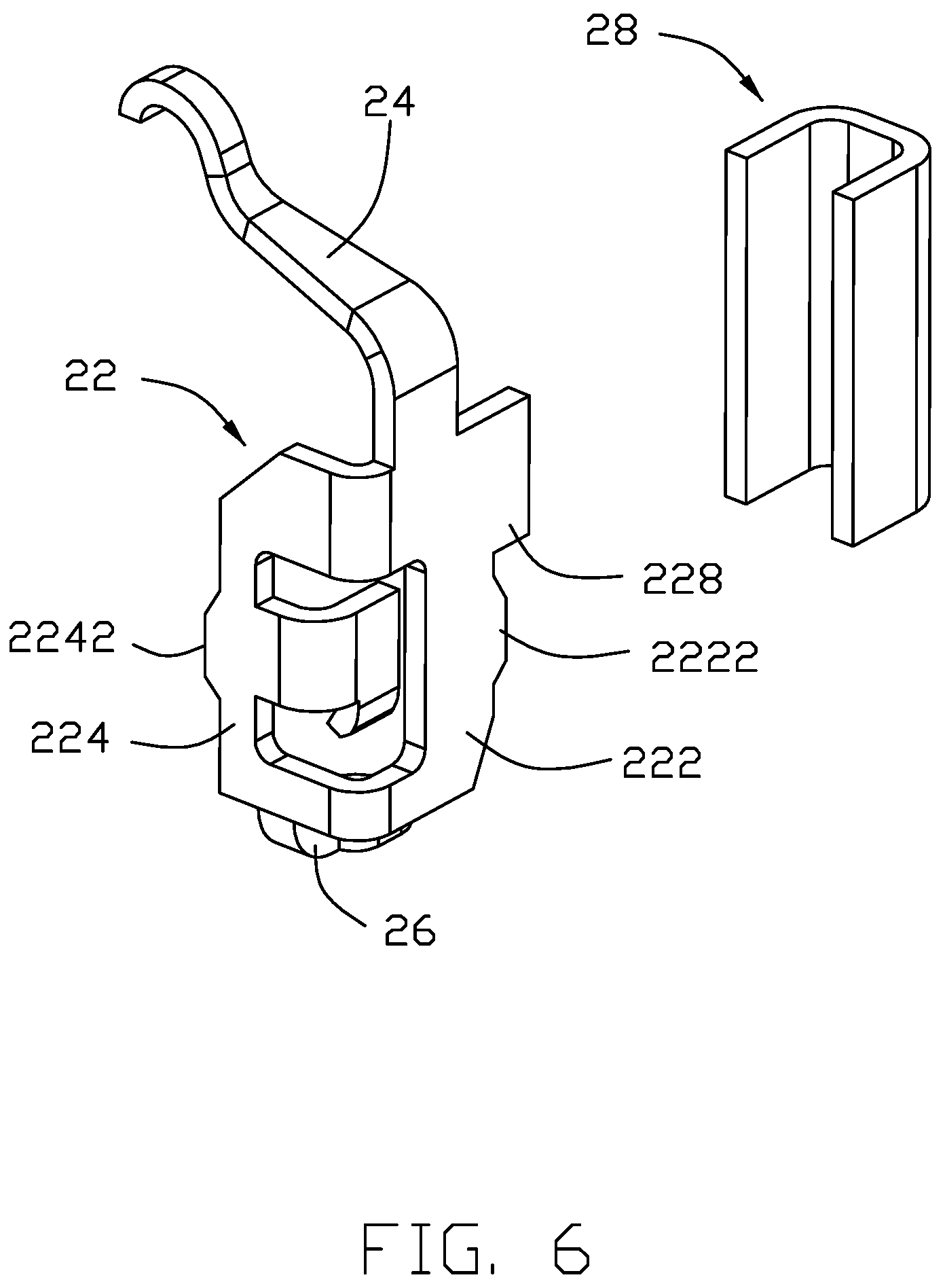Patent US12308551 Figure 6 – Electrical connector having an angled part and a U-shaped plate together defining a tubular structure