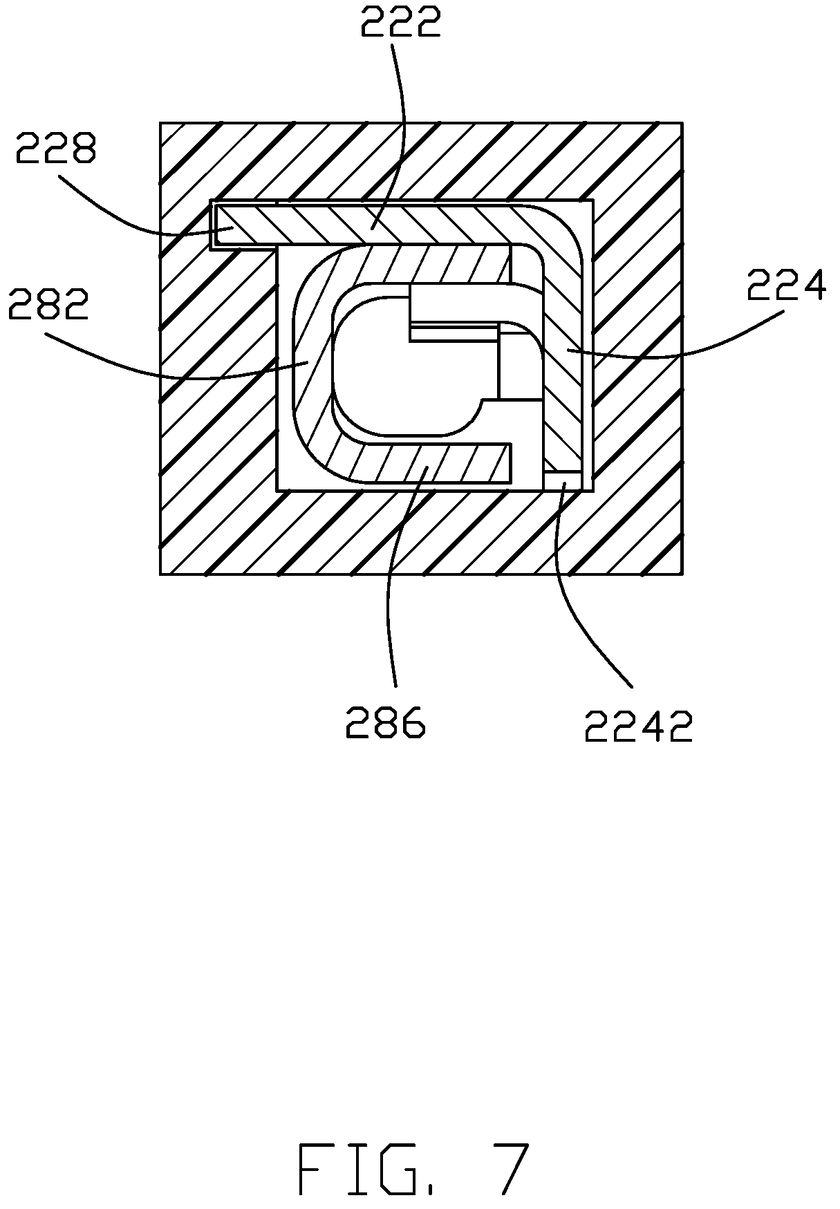 Patent US12308551 Figure 7 – Electrical connector having an angled part and a U-shaped plate together defining a tubular structure
