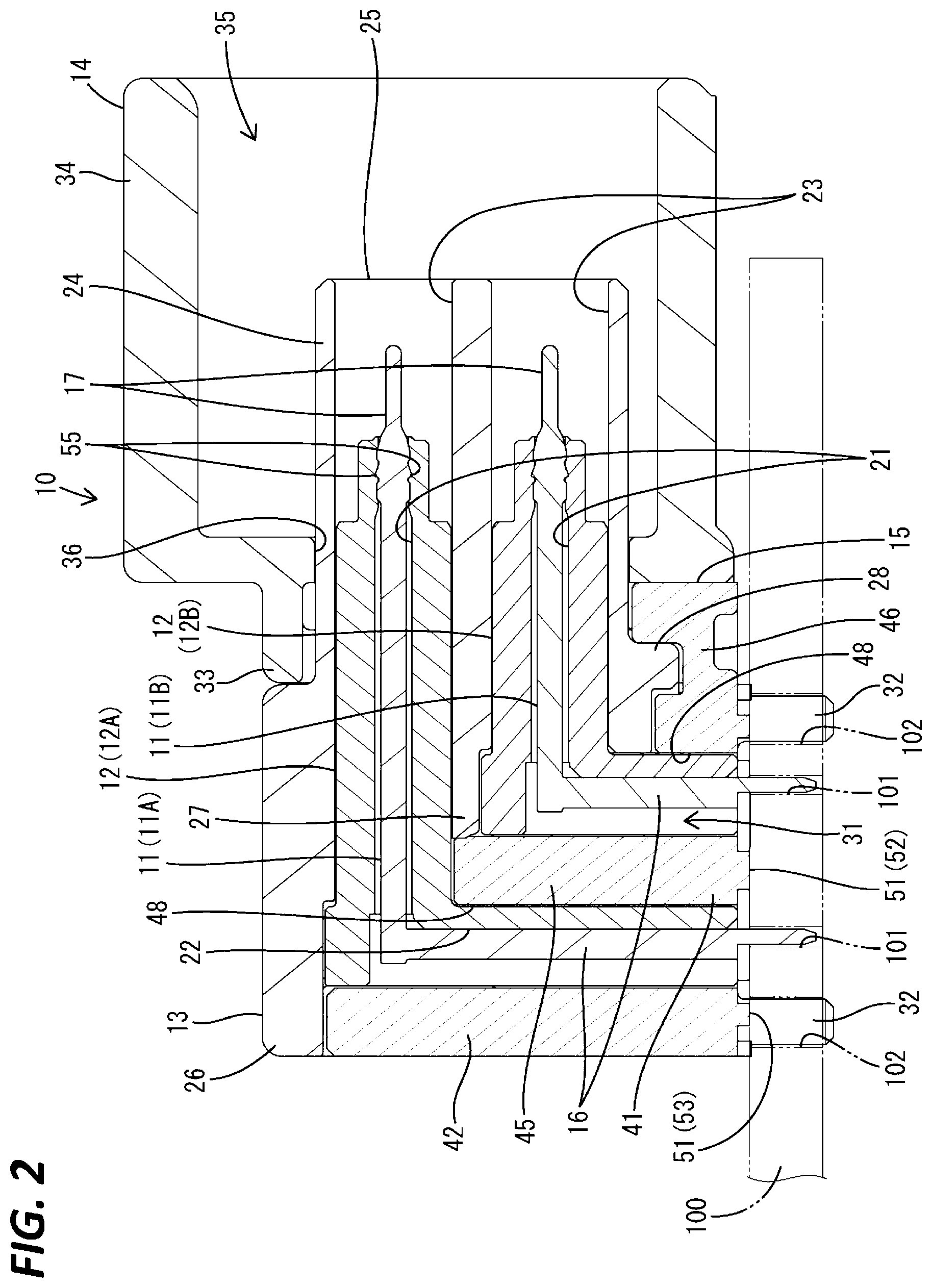 Patent US12308555 Figure 2 – Connector including inner conductor, outer conductor, and housing holding the outer conductor