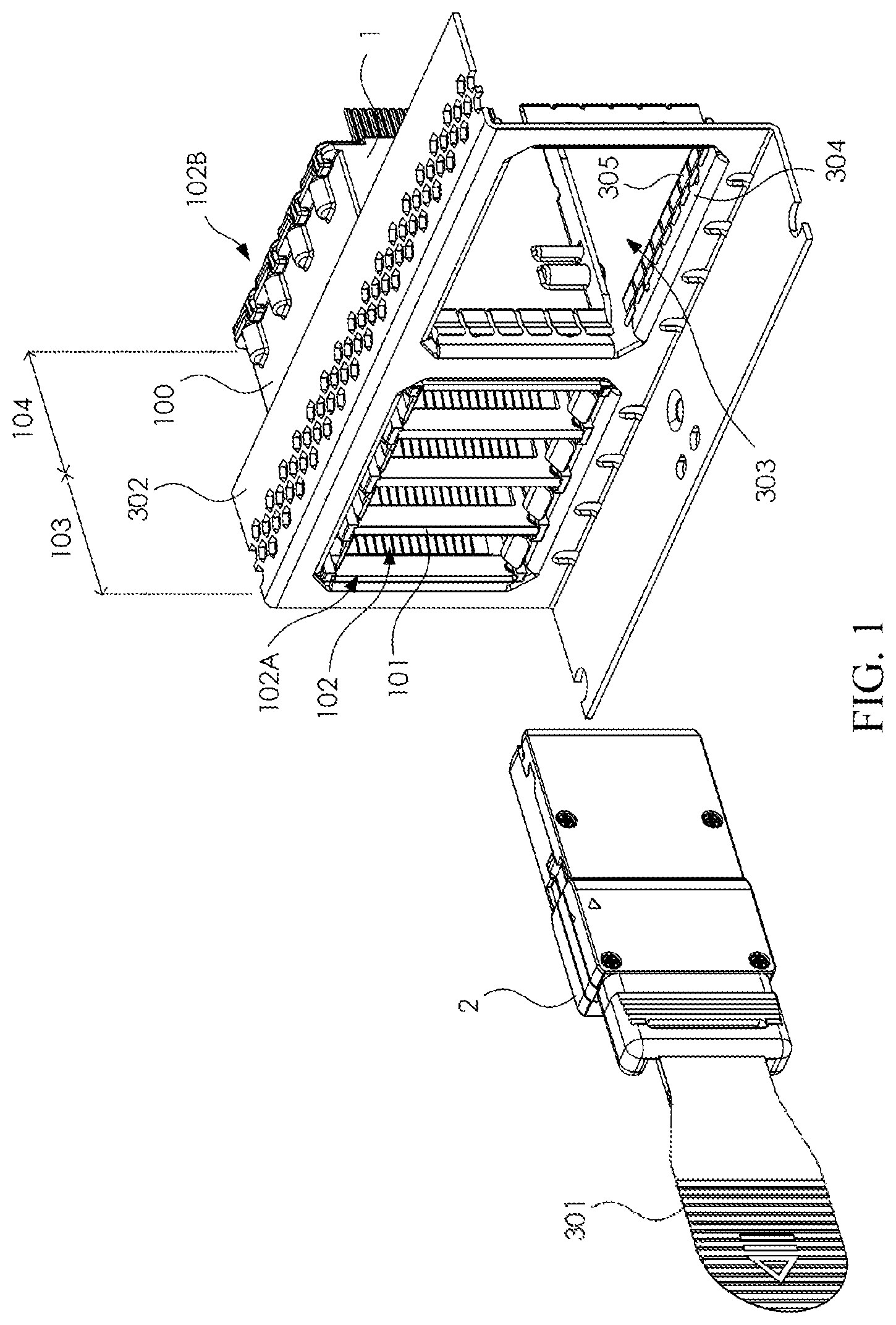 Patent US12308567 Figure 1 – Receptacle module and connector assembly