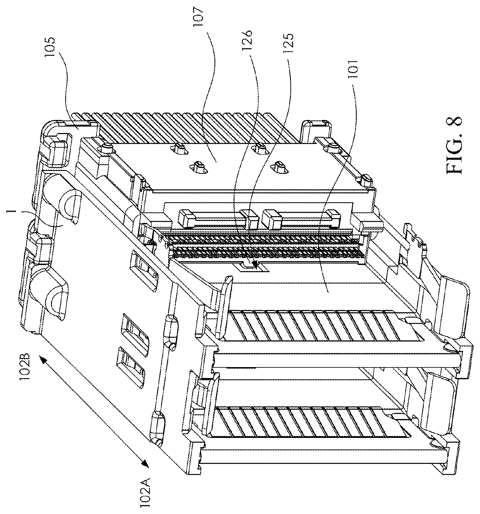 Patent US12308567 Figure 8 – Receptacle module and connector assembly