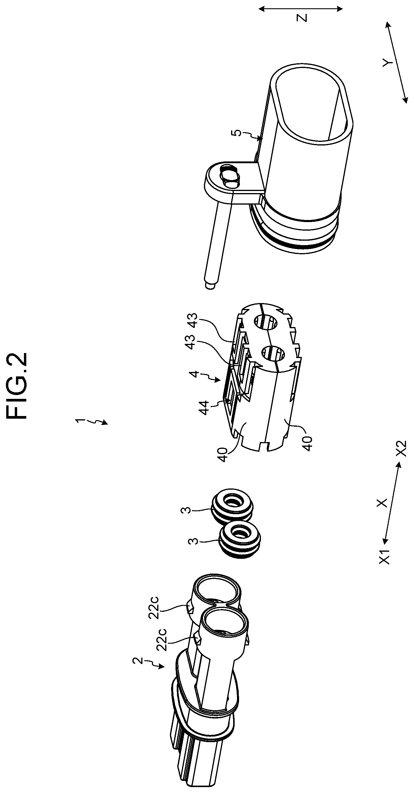 Patent US12308575 Figure 2 – Shield connector including inclined locking surface locking holder to shell