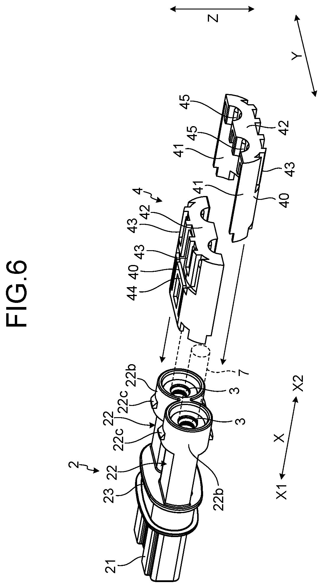 Patent US12308575 Figure 6 – Shield connector including inclined locking surface locking holder to shell