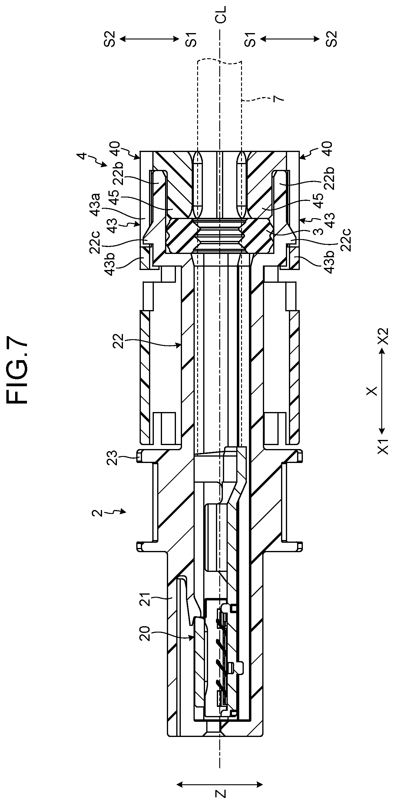 Patent US12308575 Figure 7 – Shield connector including inclined locking surface locking holder to shell