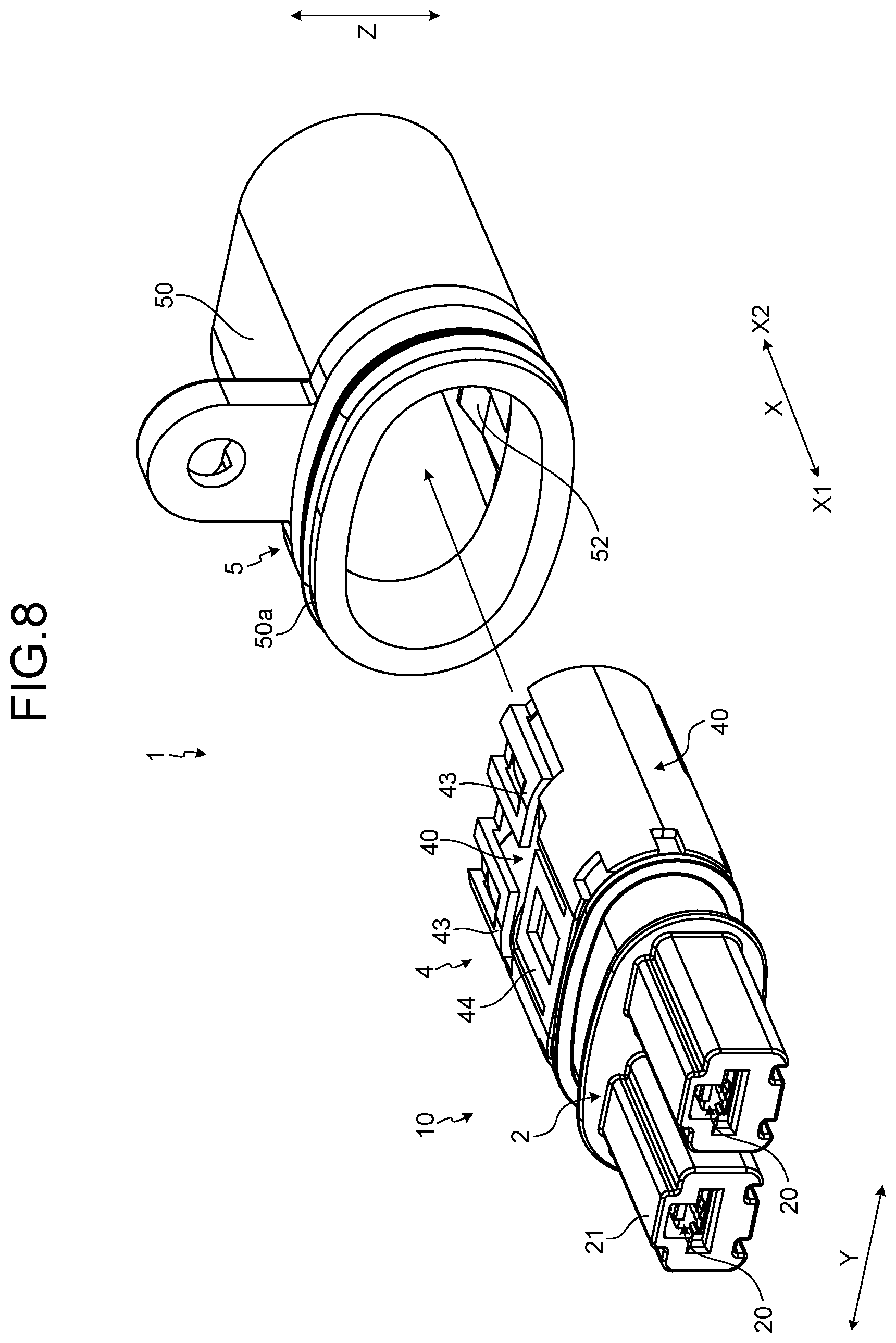 Patent US12308575 Figure 8 – Shield connector including inclined locking surface locking holder to shell