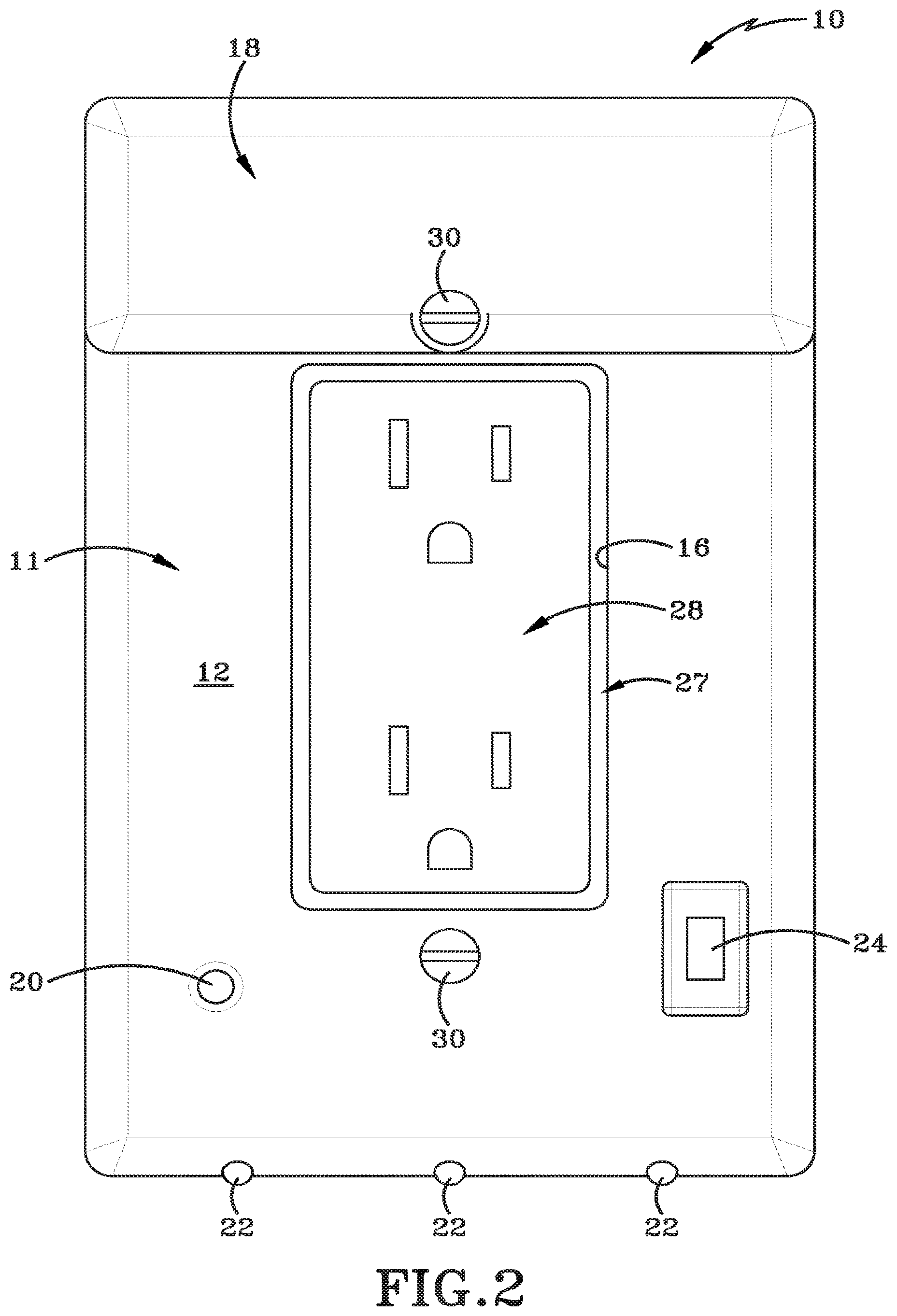 Patent US12308581 Figure 2 – Powered wall plate with plug prongs