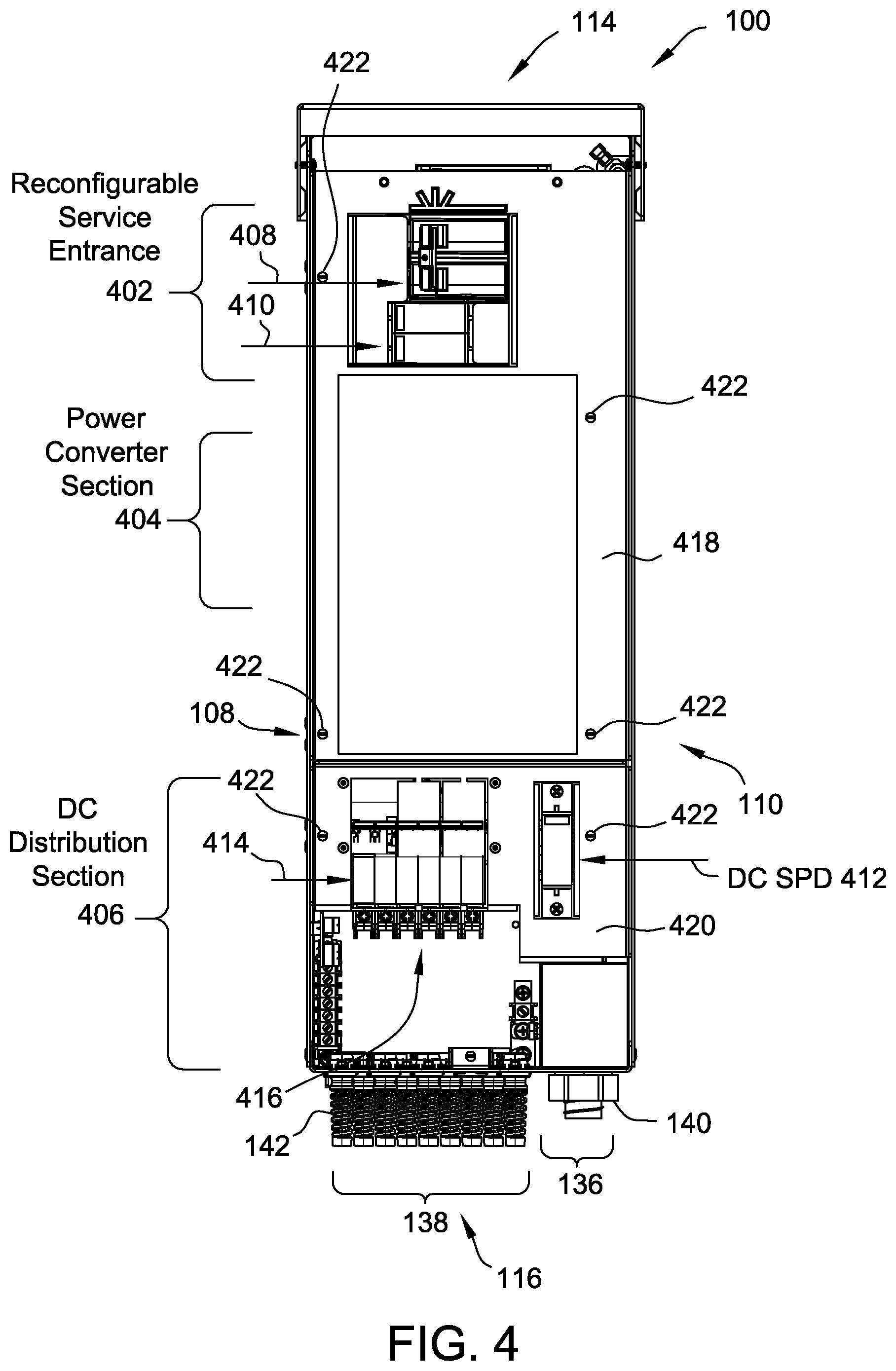 Patent US12308621 Figure 4 – Power distribution enclosure having a combined reconfigurable service entrance and a DC distribution section